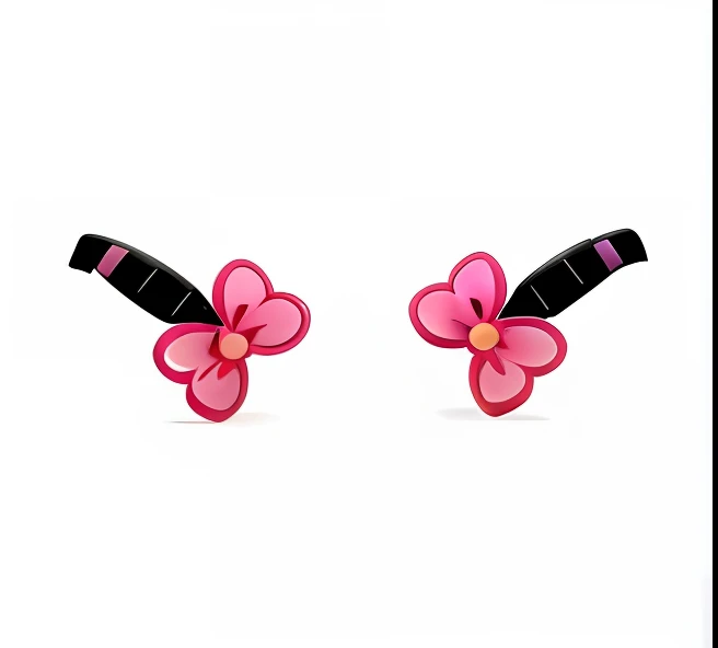 pair of pink and black flower earrings with black posts, anime ears, pigtails, ornamental bow, pointed ears, twintails, cutie mark, cute ears, black ears, bowknot, simple cartoon style, mouse ears, with black pigtails, earring design, pigtail, oni horns, cat ears and tail, pigtails hair, cute horns