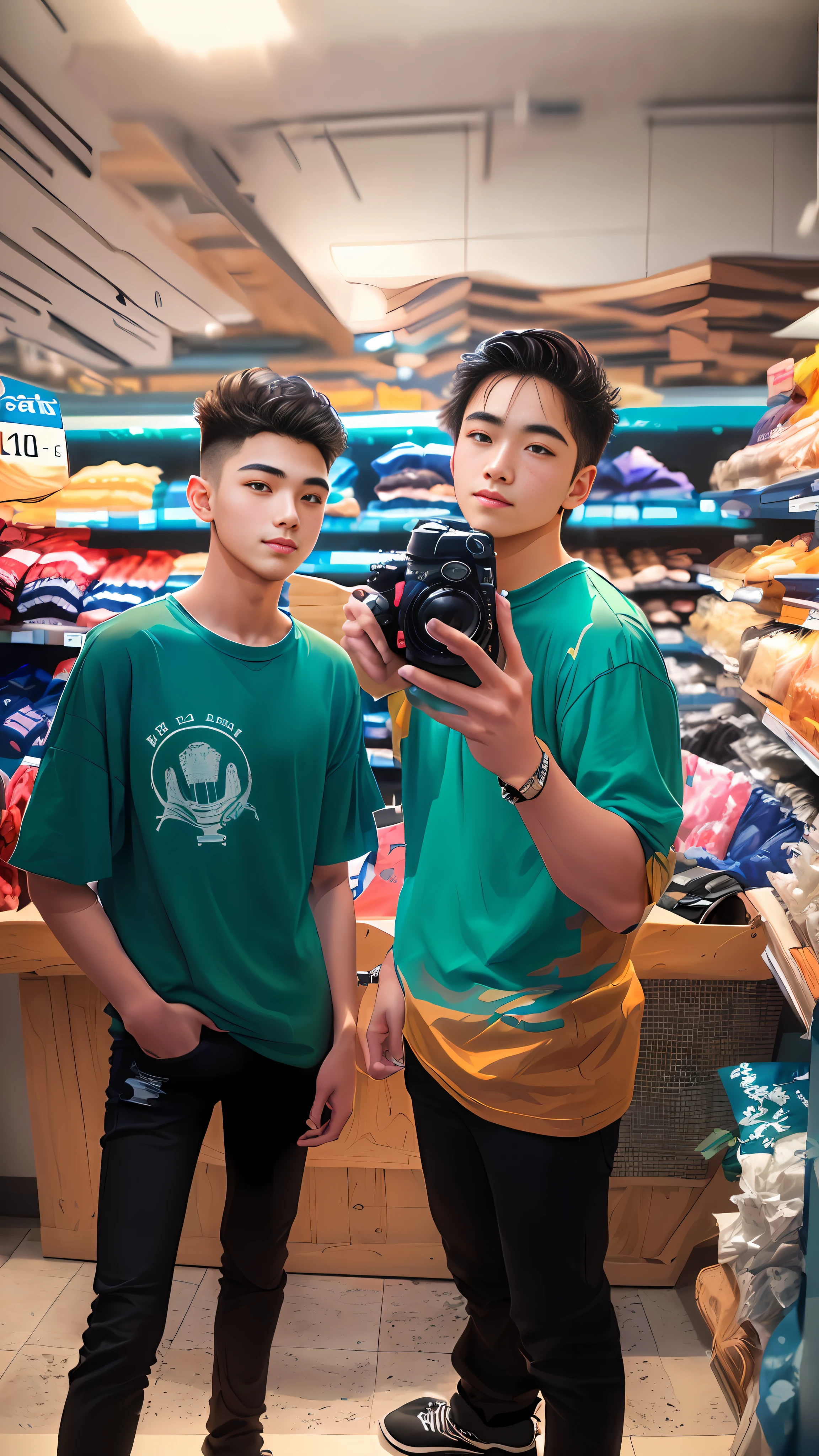 two men standing in a store with a camera taking a picture, profile pic, in tshirt, old picture, candid picture, very very low quality picture, taken in 2022, with accurate face, profile picture 1024px, two young men, taken with the best dlsr camera, cute boys, photo taken in 2 0 2 0