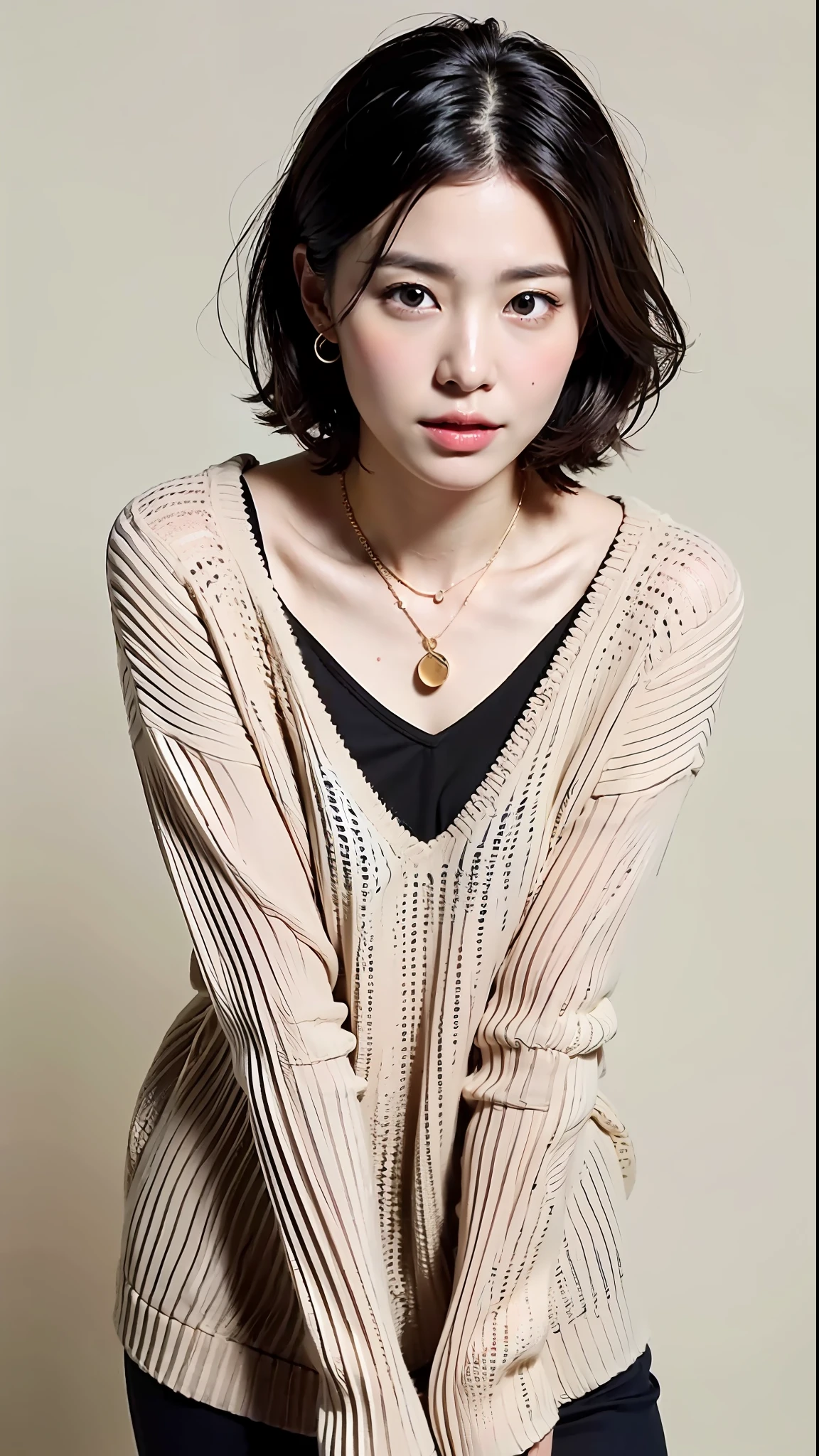 (Best Quality, 8k, 32k, Masterpiece, UHD: 1.2), Cute Japan Woman Pictures, Very Short Bob Hair, Face Focus, (oversized_sweater,:1.1) Necklace, Simple Background, Watch Viewer, Leaning Forward, Full Body