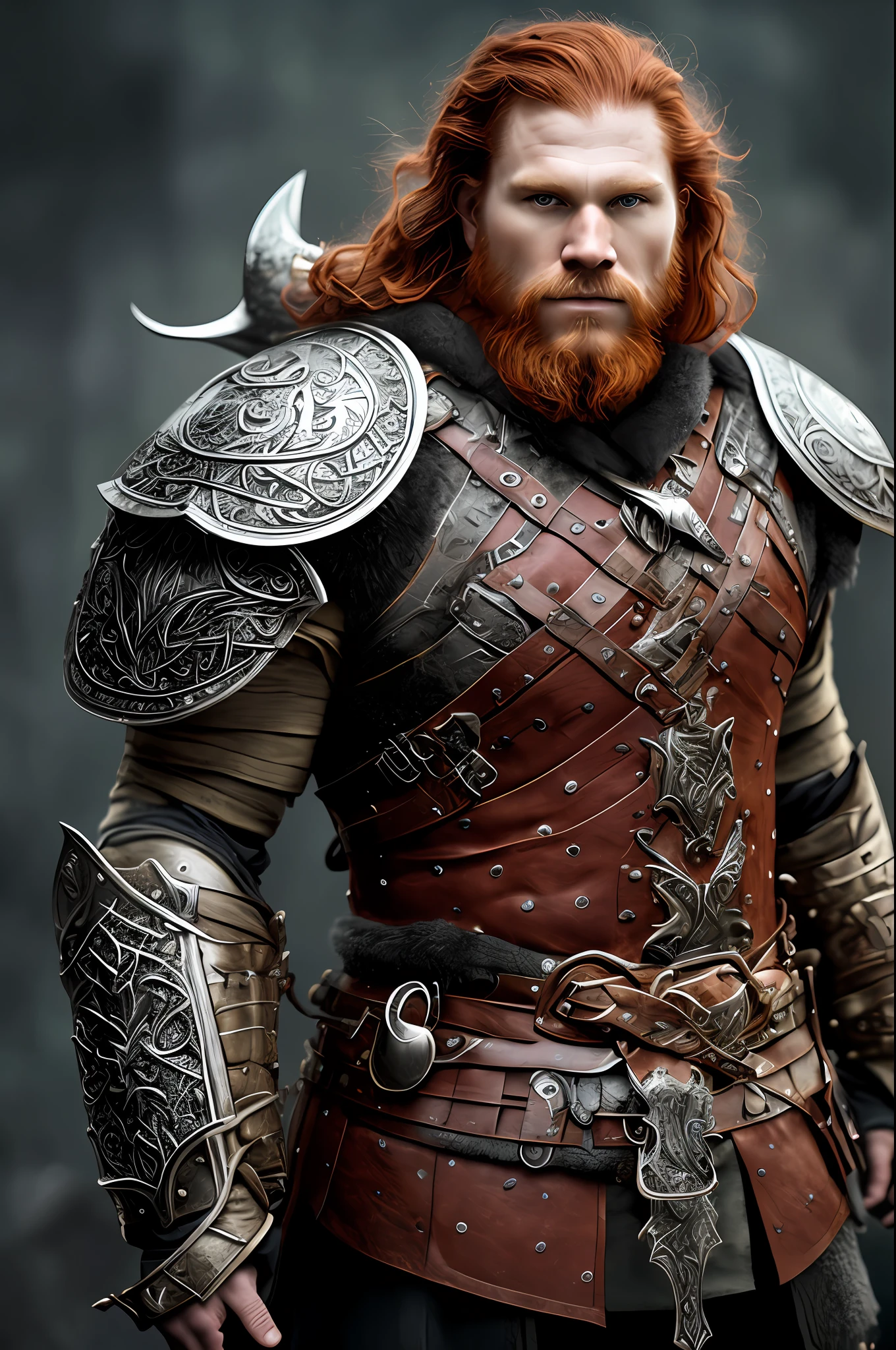 a handsome red-haired Viking, he has a breastplate covering him and he's made of wolf skin, ax stowed in his back, realistic, award-winning digital art, energetic, (insanely detailed: 1.5), full body photography, 20 megapixels, canon eos r3
