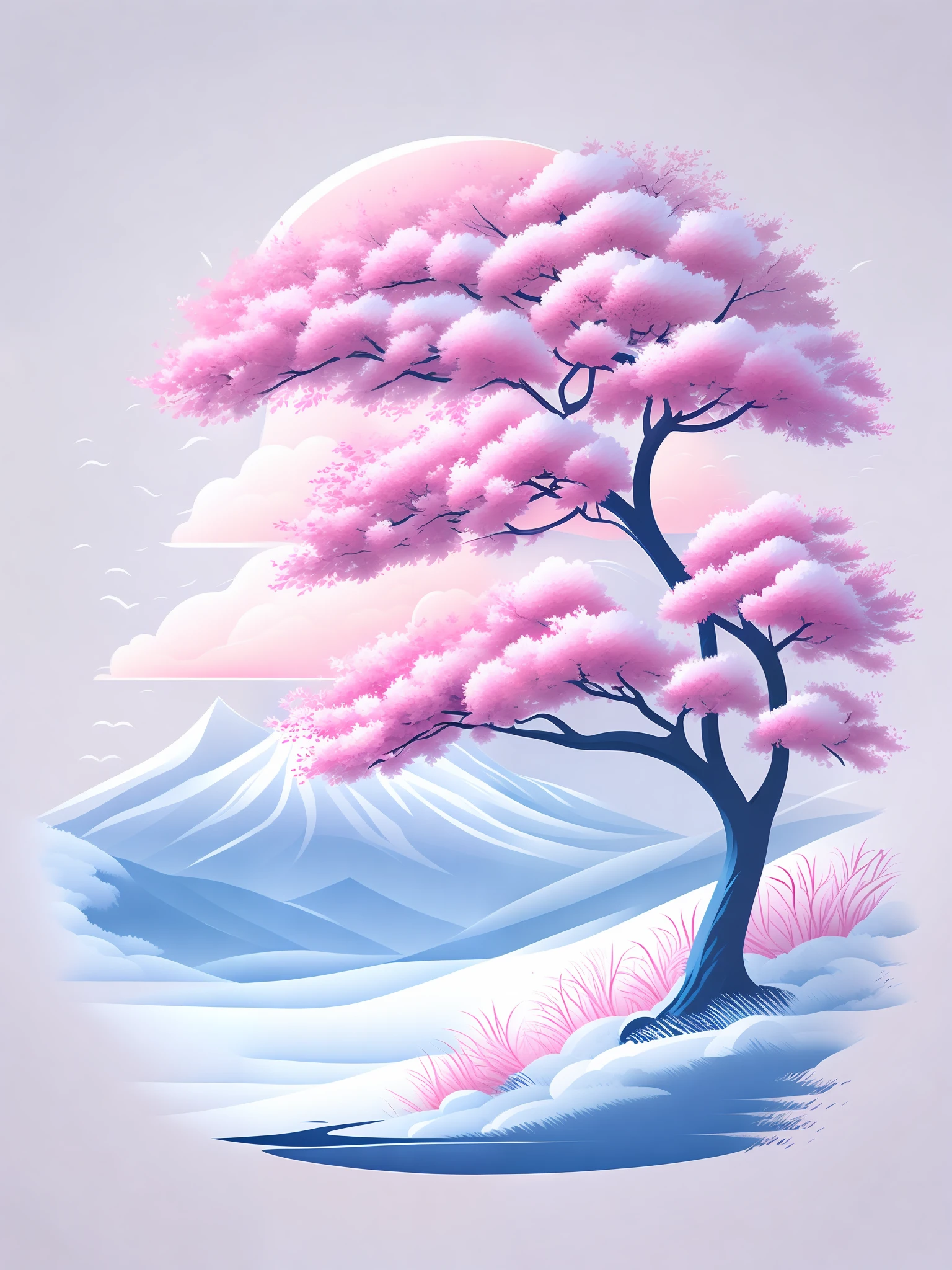 A Sakura tree in a winter landscape, T-shirt design vector art