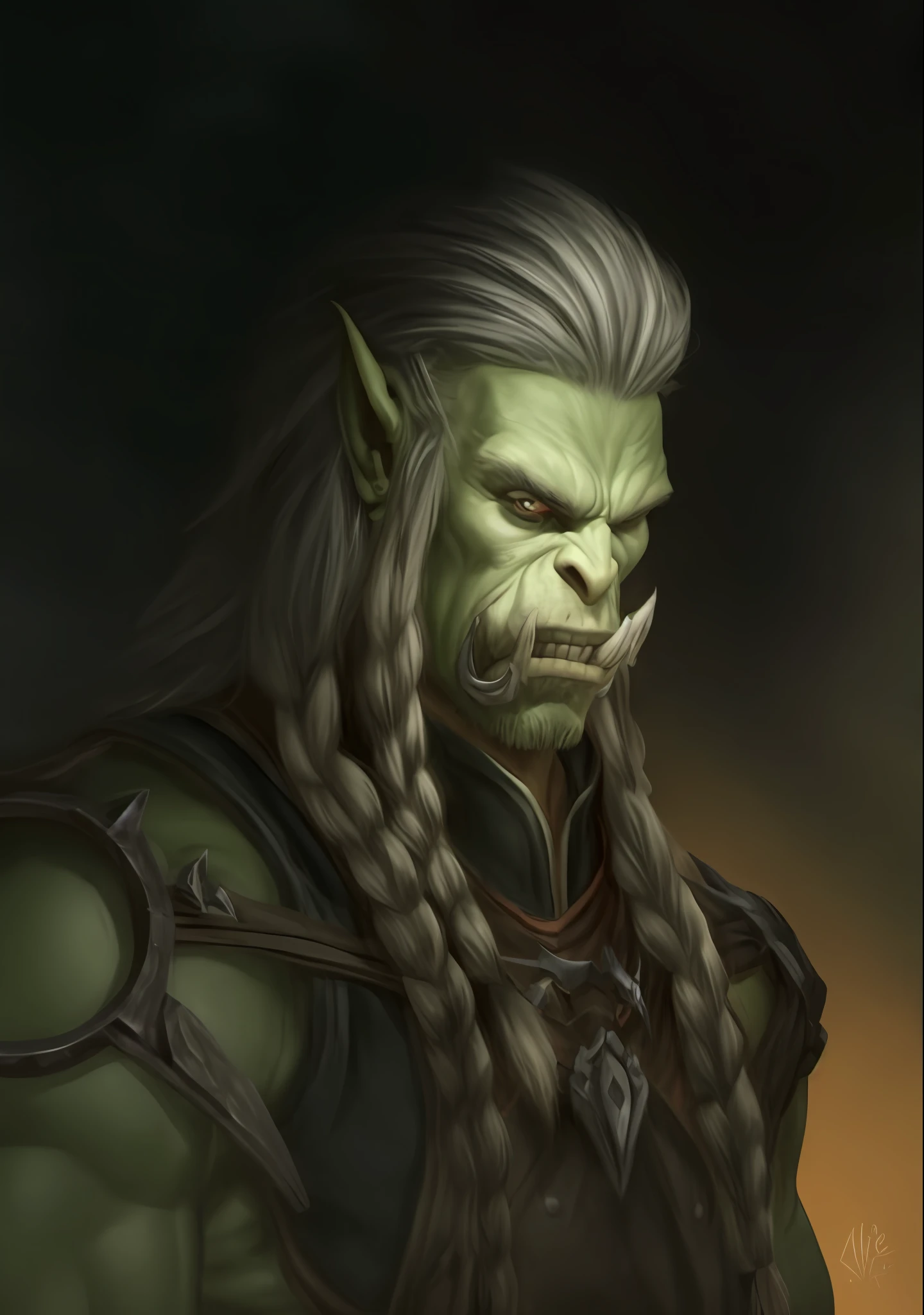 A drawing of a male orc with long hair and beard, Portrait of an Orc, Warcraft, An Orc, Warcraft character, Male Orc, Portrait of an Orc warrior, Orc, Female green Orc, Amazing portrait of Viego, Orc themed, Warcraft Art, World of Warcraft Concept Art, Orc Warrior, Warcraft style, Half-Orc, canine teeth lower than sample,  ultra real