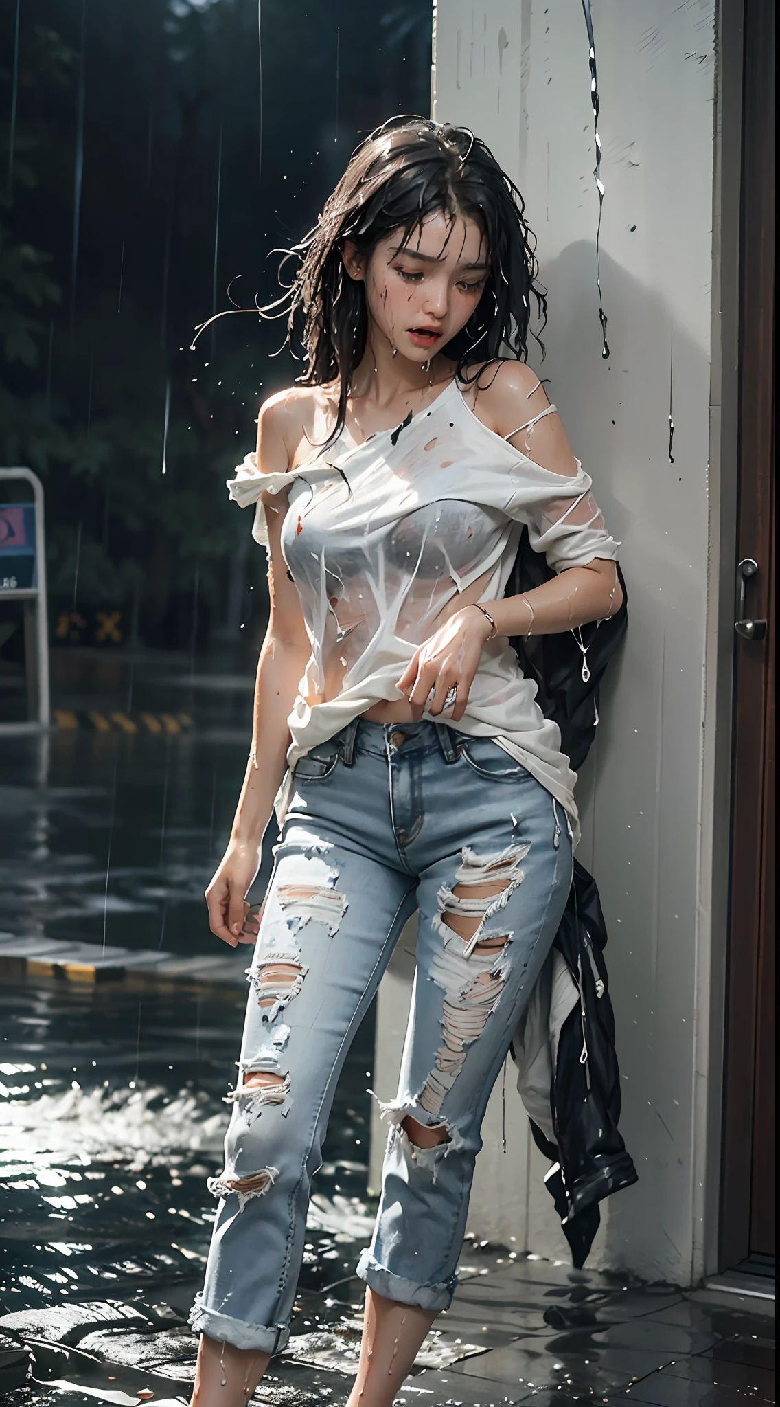 best image quality, masterpiece, super high resolution, (fidelity:1.4), photo, 1 girl, white shirt, torn jeans, white sneakers, dim, darkness, despair, pity, poor, movie, tears, teardrops, (torn clothes:1.5), (wet clothes:1.4), bare shoulders, real rain, wet hair,..