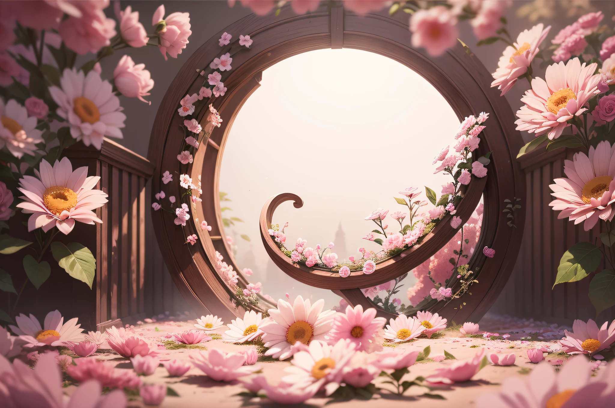 ((photo)), ((best quality)), ((masterpiece)), ((detailed)), a beautiful brightly lit professional photo studio backdrop with lots of flowers and pink and white floating spheres, archway portal to a fantasy world prominent, 24-70mm f/2.8, camera at eye level