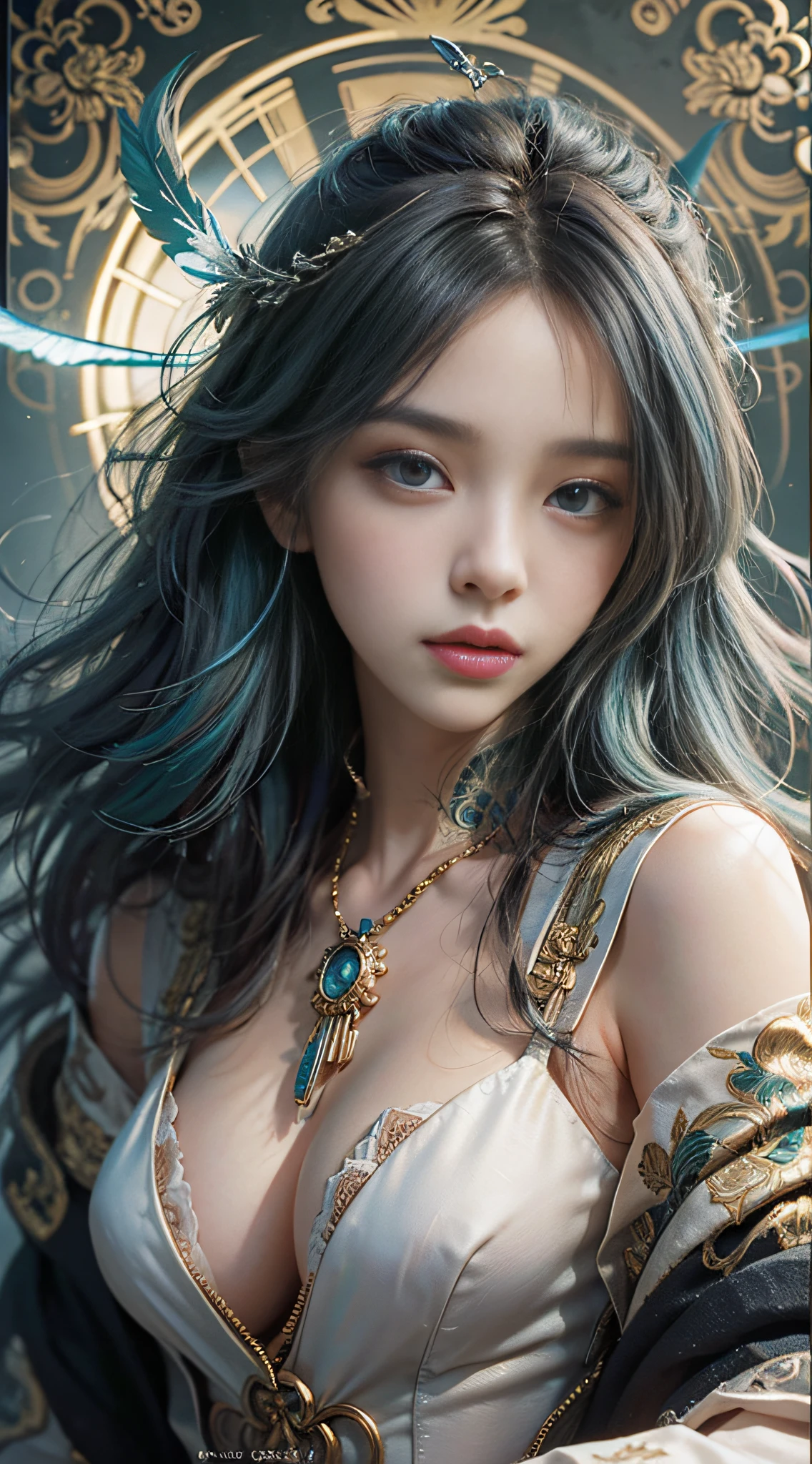 High quality, masterpiece, masterpiece, delicate facial features, delicate hair, 1 girl, delicate eyes, delicate colored hair, 4K picture quality, gorgeous light and shadow, (peeking), Tyndall effect, halo, messy hair, youthful state, gorgeous scene, exquisite clothes, chains, feathers, ancient Chinese beauty with big eyes very detailed, digital painting, art station, concept art, sharp focus, illustration, artwork by Greg Rutkovsky, Alphonse Mucha and Viktor Engay