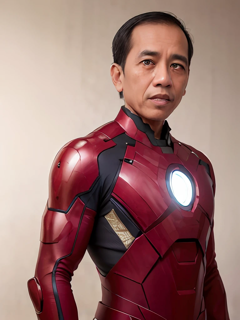 4k, Best quality, masterpiece, ultra high res, beautiful lighting, (realistic, photo-realistic:1.4), realistic background,  jokowi, 1man, 50 years old, serious, ironman open mask, standing potrait photo, Long shot, wide shot, full shot, repair symetry eyes