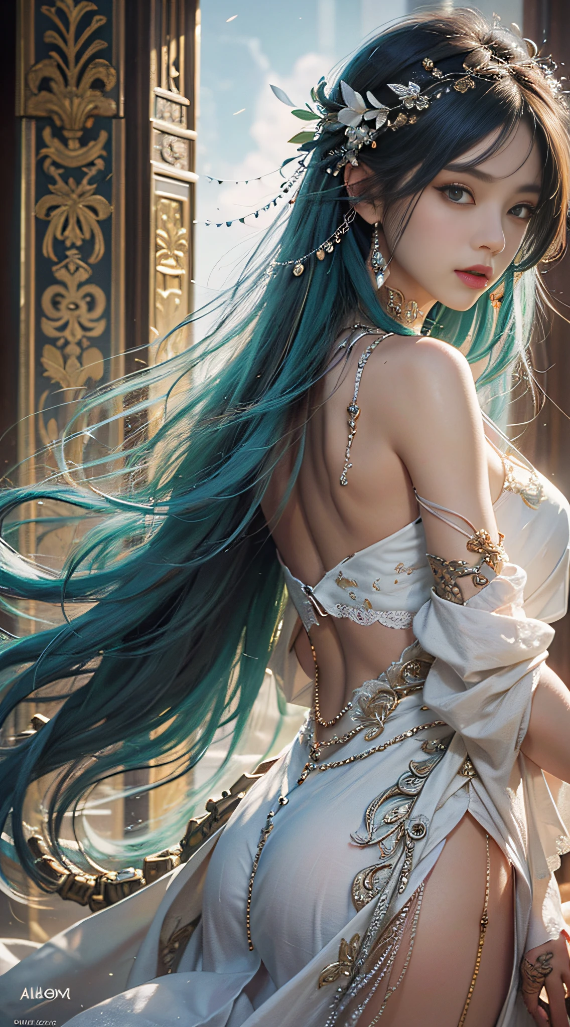 High quality, masterpiece, masterpiece, delicate facial features, delicate hair, 1 girl, delicate eyes, delicate colored hair, 4K picture quality, gorgeous light and shadow, (looking_back), Tyndall effect, halo, messy hair, youthful state, gorgeous scene, exquisite clothes, chains, feathers, ancient Chinese beauty with big eyes very detailed, digital painting, art station, concept art, sharp focus, illustration, artwork by Greg Rutkovsky, Alphonse Mucha and Viktor Engay