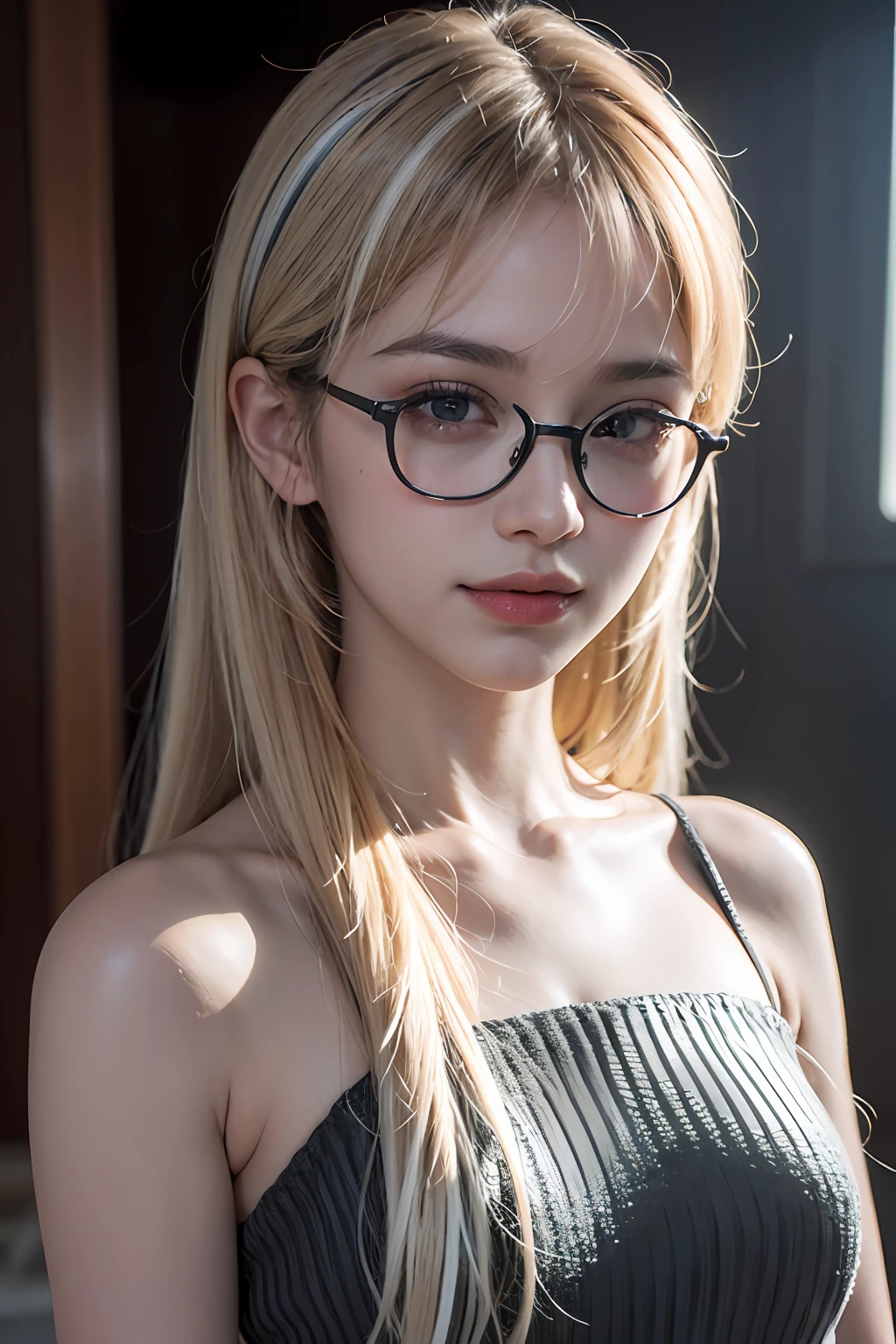 (8k, RAW, Photorealistic: 1.25), ((Hairs of Streaked White)), (Thin lip gloss, thin eyebrows, eyelashes, tear bags, snappy bangs, shiny face, shiny skin, best quality, ultra high resolution, depth of field, chromatic aberration, caustics, wide lighting, natural shading, Kpop Idol) glasses, calm, Raking up one hair with hand, long hair, smile, little devil, in the house
