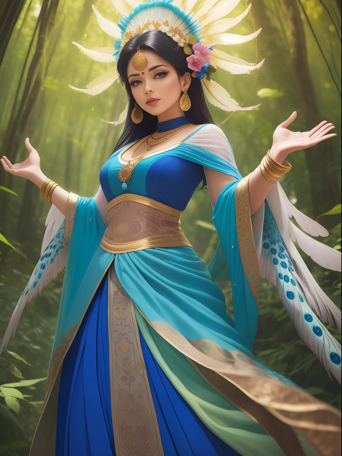 A captivating image of a vibrant, vibrant woman in a vivid, vibrant blue Indian peafowl costume, swaying gracefully in an urban landscape. Her vibrant, flowing dress is adorned with vibrant, vibrant flowers and intricate designs. Her vibrant eyes are hidden under a warm, golden, sultry light filtering through the forest canopy. The soft light creates a dreamy, otherworldly atmosphere. wide aperture, standard lens, wide-angle lens