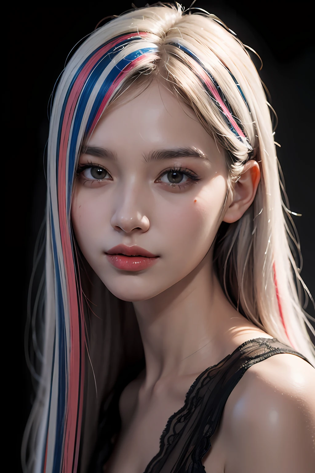(8k, RAW, Photorealistic: 1.25), (((hairs of streaked white))), (thin lip gloss, thin eyebrows, eyelashes, tear bags, snappy bangs, shiny face, shiny skin, best quality, ultra high resolution, depth of field, chromatic aberration, caustics, wide lighting, natural shading, Kpop idol) glasses, calm, Raking up one hair with hand, long hair, smile, little devil, in the house