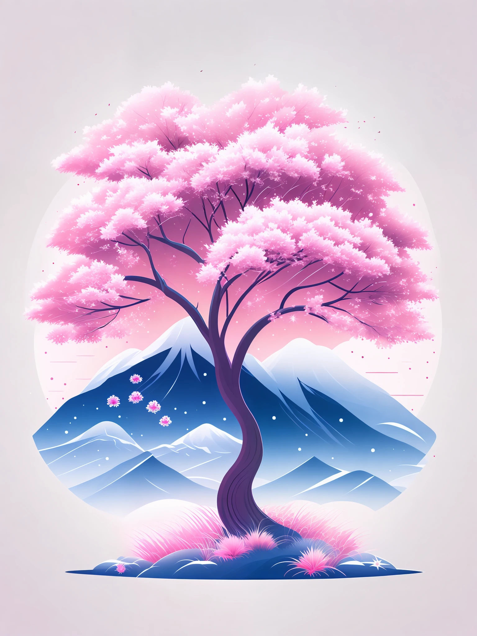 A Sakura tree in a winter landscape, T-shirt design vector art
