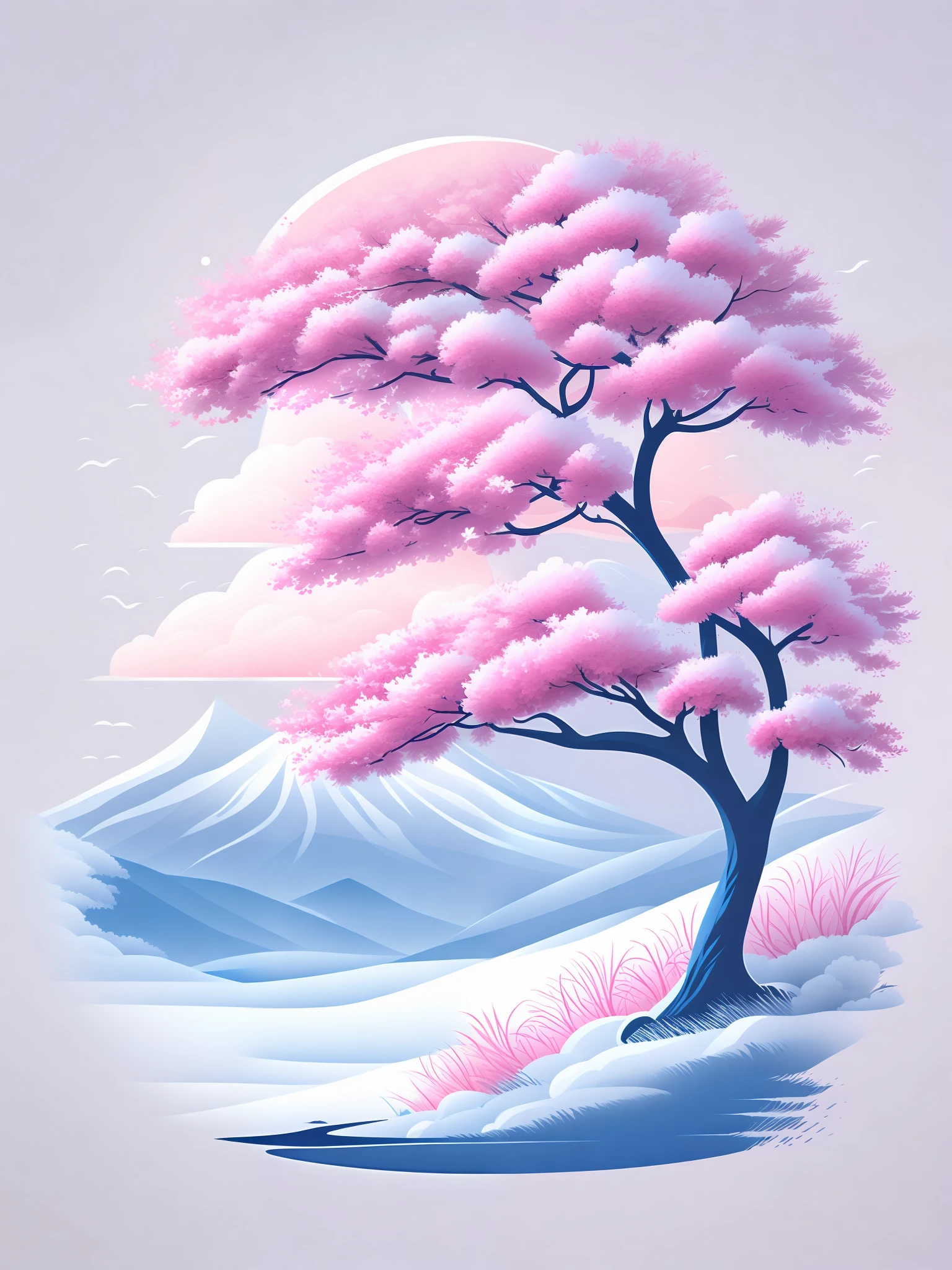 A Sakura tree in a winter landscape, T-shirt design vector art