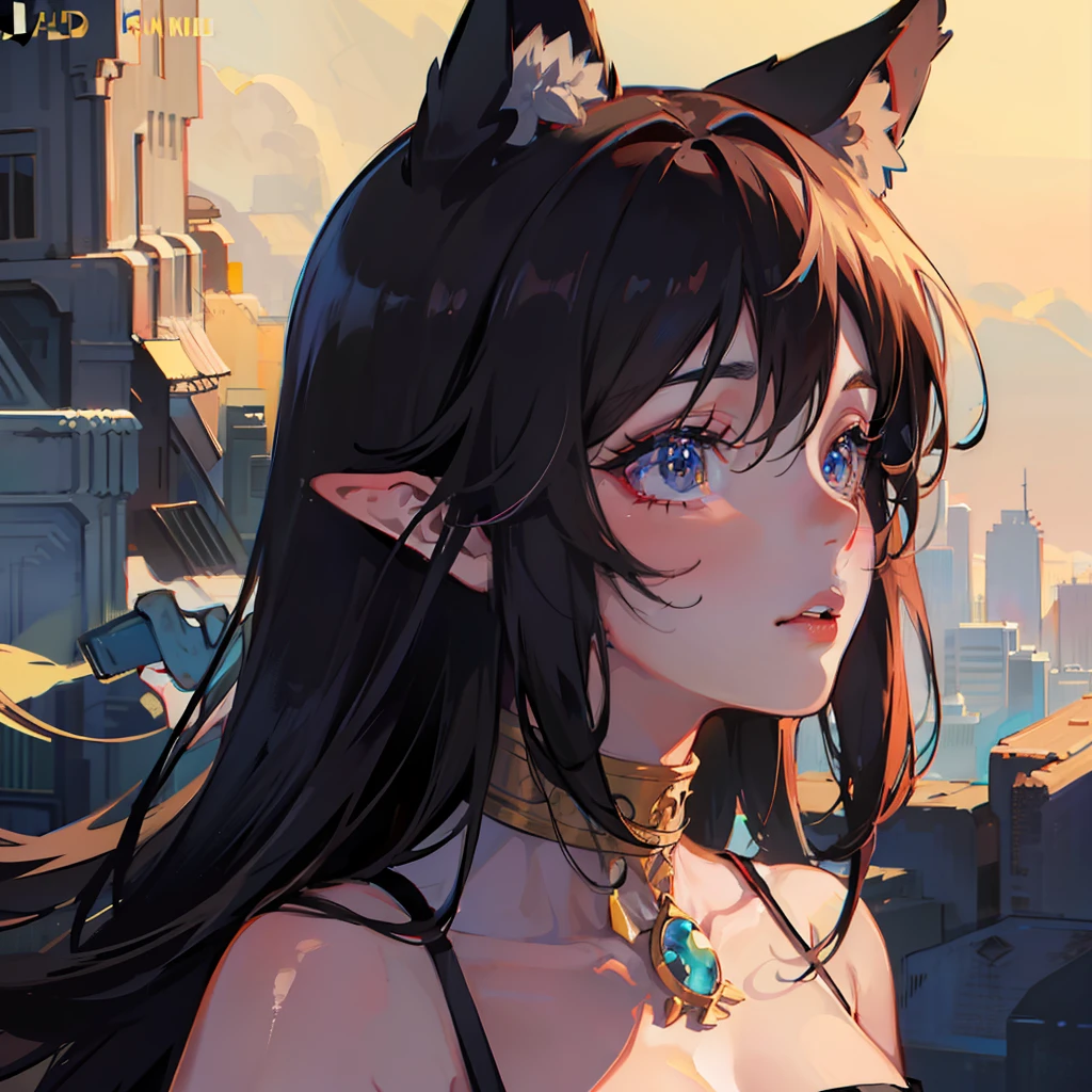 ((masterpiece)), ((best quality)), ((anime profile style)), ((HD 4k)), ((anime character)), girl, dark skin tone, eyes, eyebrow, eyelashes , fox ear, nose, mouth, lips, neck, shoulders, big hair