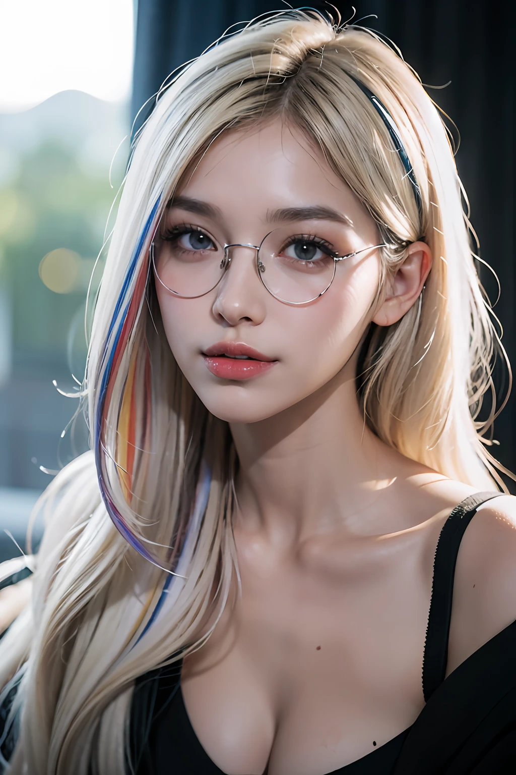 (8k, RAW, photorealistic: 1.25), ((hairs of streaked white)))))), (thin lip gloss, thin eyebrows, eyelashes, tear bags, snappy bangs, shiny face, shiny skin, best quality, ultra high resolution, depth of field, chromatic aberration, caustics, wide lighting, natural shading, Kpop idol) glasses, calm, Raking up one hair with hand, long hair, smile, little devil, in the house
