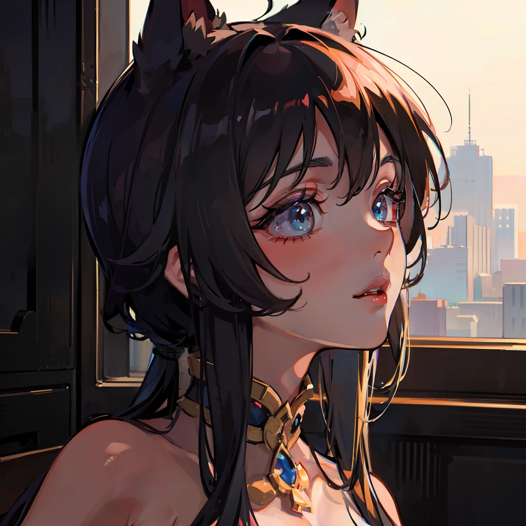 ((masterpiece)), ((best quality)), ((anime profile style)), ((HD 4k)), ((anime character)), girl, dark skin tone, eyes, eyebrow, eyelashes , fox ear, nose, mouth, lips, neck, shoulders, big hair