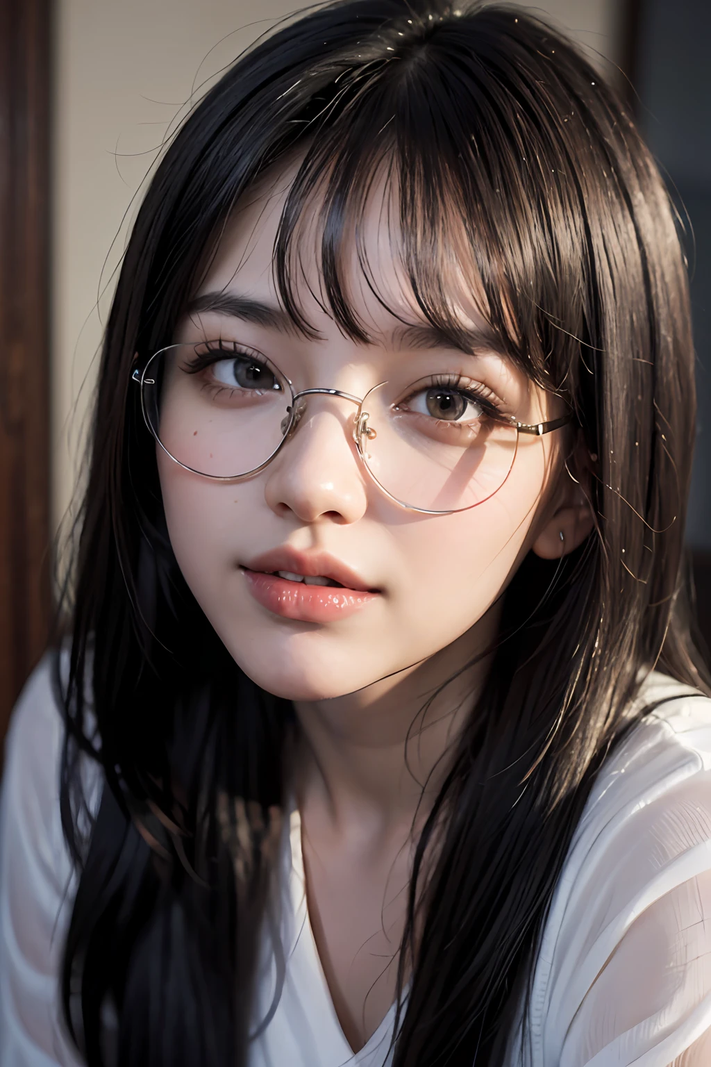 (8k, RAW, photorealistic: 1.25), ((hairs of streaked white)))))), (thin lip gloss, thin eyebrows, eyelashes, tear bags, snappy bangs, shiny face, shiny skin, best quality, ultra high resolution, depth of field, chromatic aberration, caustics, wide lighting, natural shading, Kpop idol) glasses, calm, Raking up one hair with hand, long hair, smile, little devil, in the house