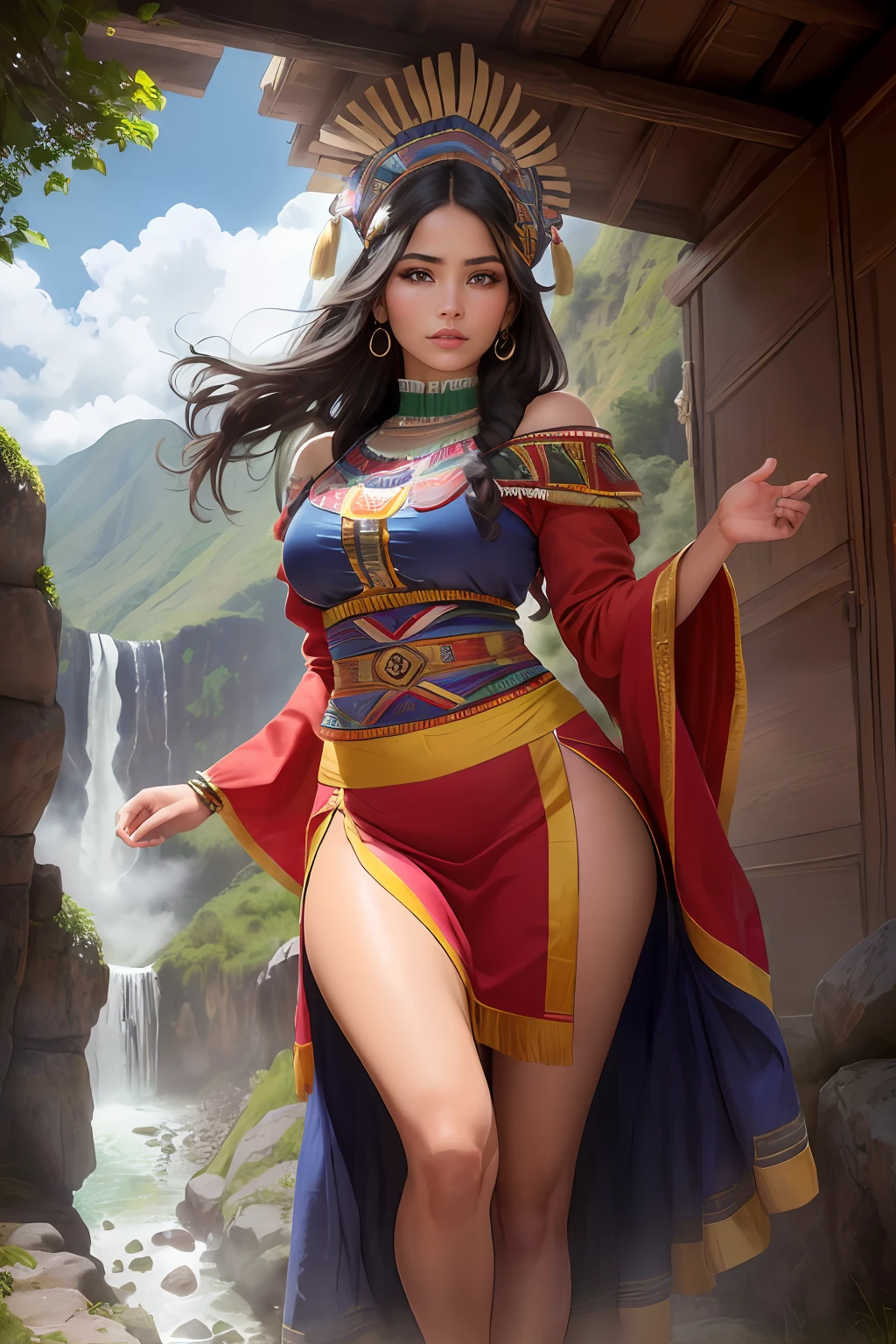 ((realistic: 1.5)),((best quality)), ((masterpiece)),((detailed)), (1girl: 1.3), solo, (((extremely detailed face))),(((extremely detailed eyes and face))), Inca skin, Inca face, beautiful detailed eyes, 8k unified wallpaper, super detailed, beautiful and aesthetic, beautiful, masterpiece, best quality, raw, masterpiece, super fine photo, best quality, super high resolution, photorealistic realism, sunlight, full body portrait, amazing beauty, dynamic pose, delicate face, vibrant eyes, (from the front), (1 Inca woman in Inca costume long skirt with colors red blue white and pink not green, {a beautiful Inca woman dressed in traditional Inca dress typical costume of the woman of Cuzco Peru, super wide angle lens, facial focus, mature, sexy, toned muscles, long legs, curves, barefoot, full Inca costume, thick thighs, wide hips, thin legs, dark eyes, perfect eyes, long black hair, floating hair, long eyelashes, (detailed face, beautiful eye, detailed pupils, detailed features of Inca clothing, light background: 1.3), mysterious ancient Inca ruin, lush forests, deep canyons, bridge, river, cliff, cloud, lakes, rock, waterfalls, flowers, grass, fog, vine, tree, smoke, best shade, bright details, sharp, perfect composition, intricate, sharp focus, dramatic, (specular lighting: 1.3), edge light, inca landscape, fully dressed,