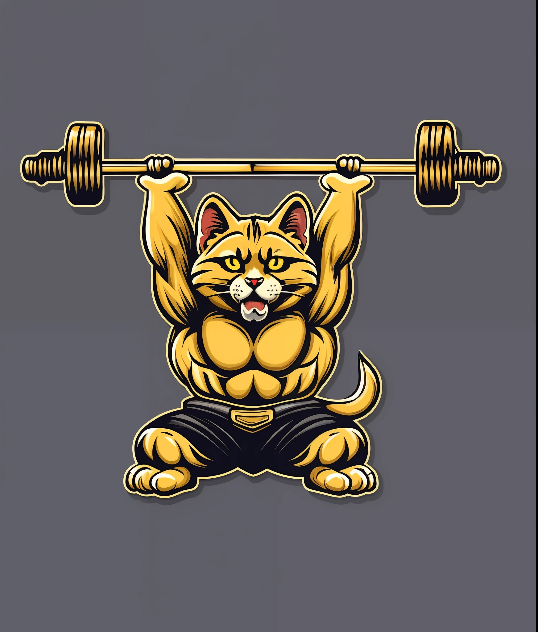 Cat training with barbell, colorful, vintage style, (t-shirt design), masterpiece realistic volumetric lights, gym logo, muscles
