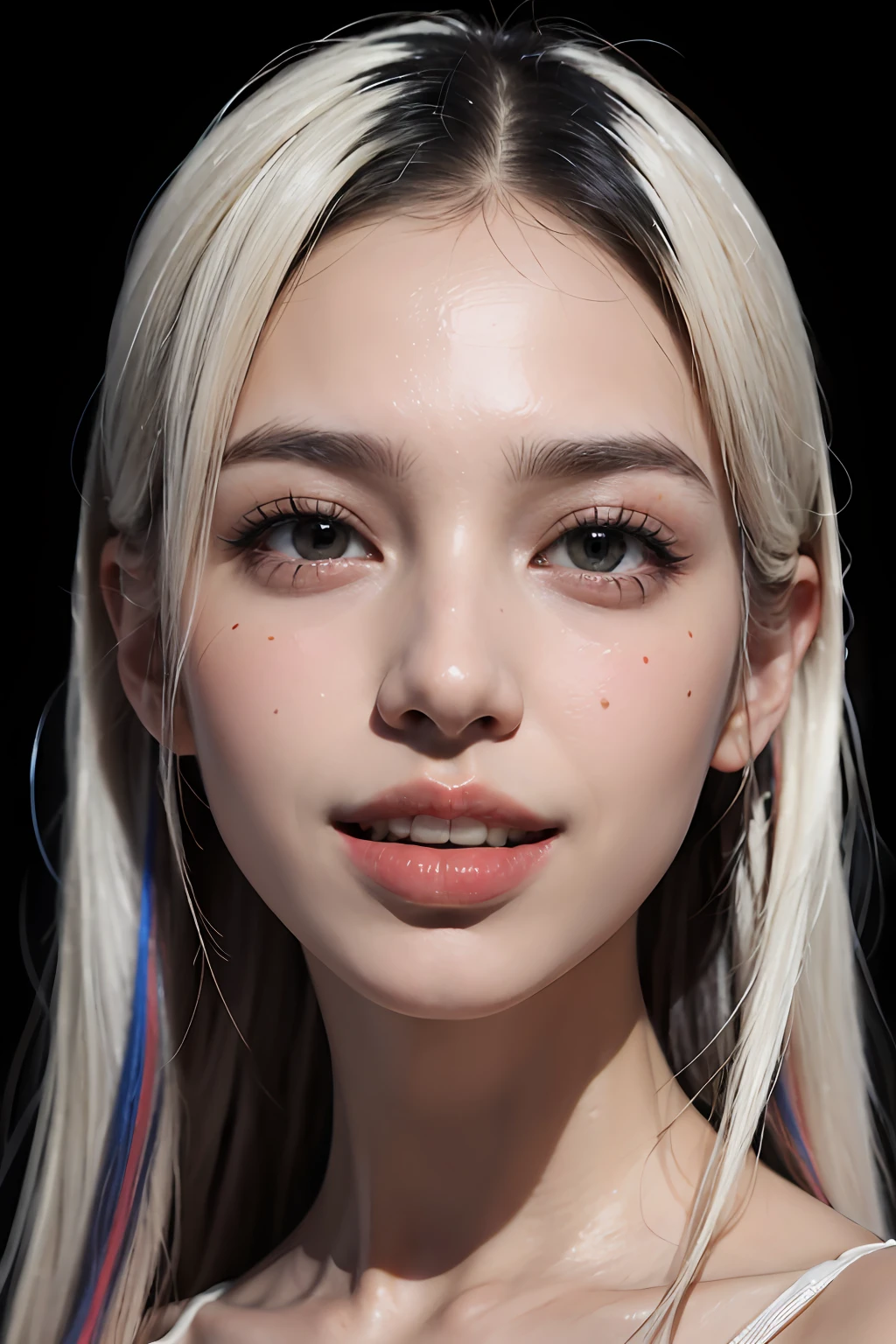 (8k, RAW, photorealistic: 1.25), ((hairs of streaked white and black)))))), (thin lip gloss, thin eyebrows, eyelashes, tear bags, snappy bangs, shiny face, shiny skin, best quality, ultra high resolution, depth of field, chromatic aberration, caustics, wide lighting, natural shading, Kpop idleGlasses, calm, raking up one hair with hand, long hair, smile, little devil, in the house