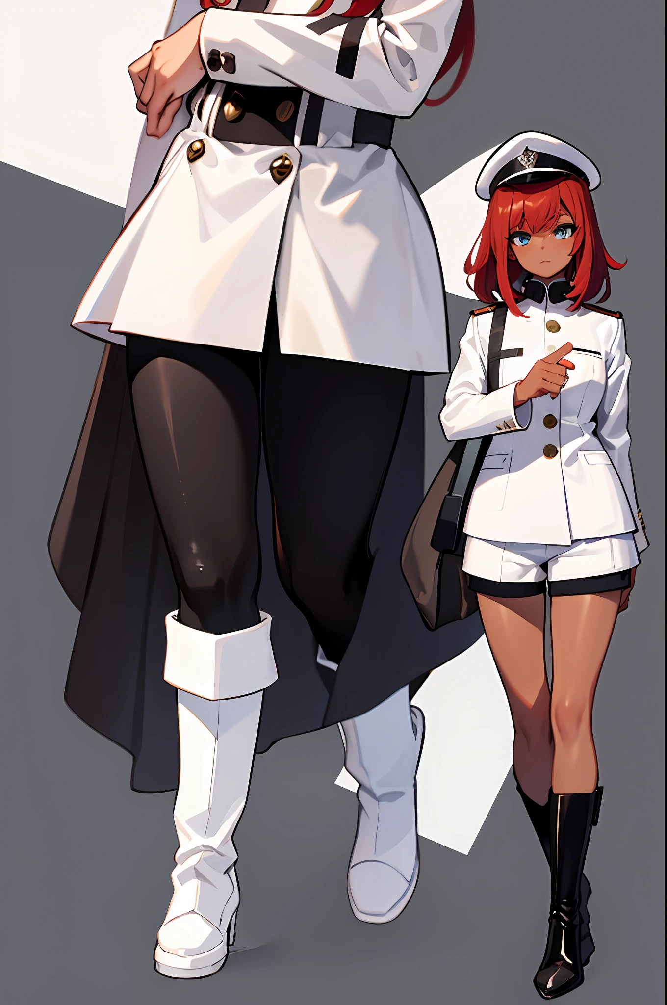 masterpiece, best quality, 1girl, (suletta mercury), standing, black boots,white jacket, white shorts, black, african american, very dark skin, red hair, blue eyes, pure black skin, white military cap, simple background, cute, human, masterpiece, top quality