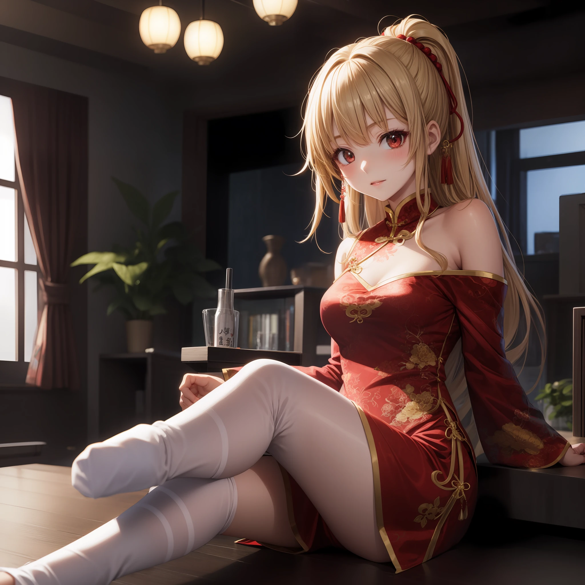 anime, girl, red eyed blonde girl, off shoulder, red cheongsam, china house, indoor