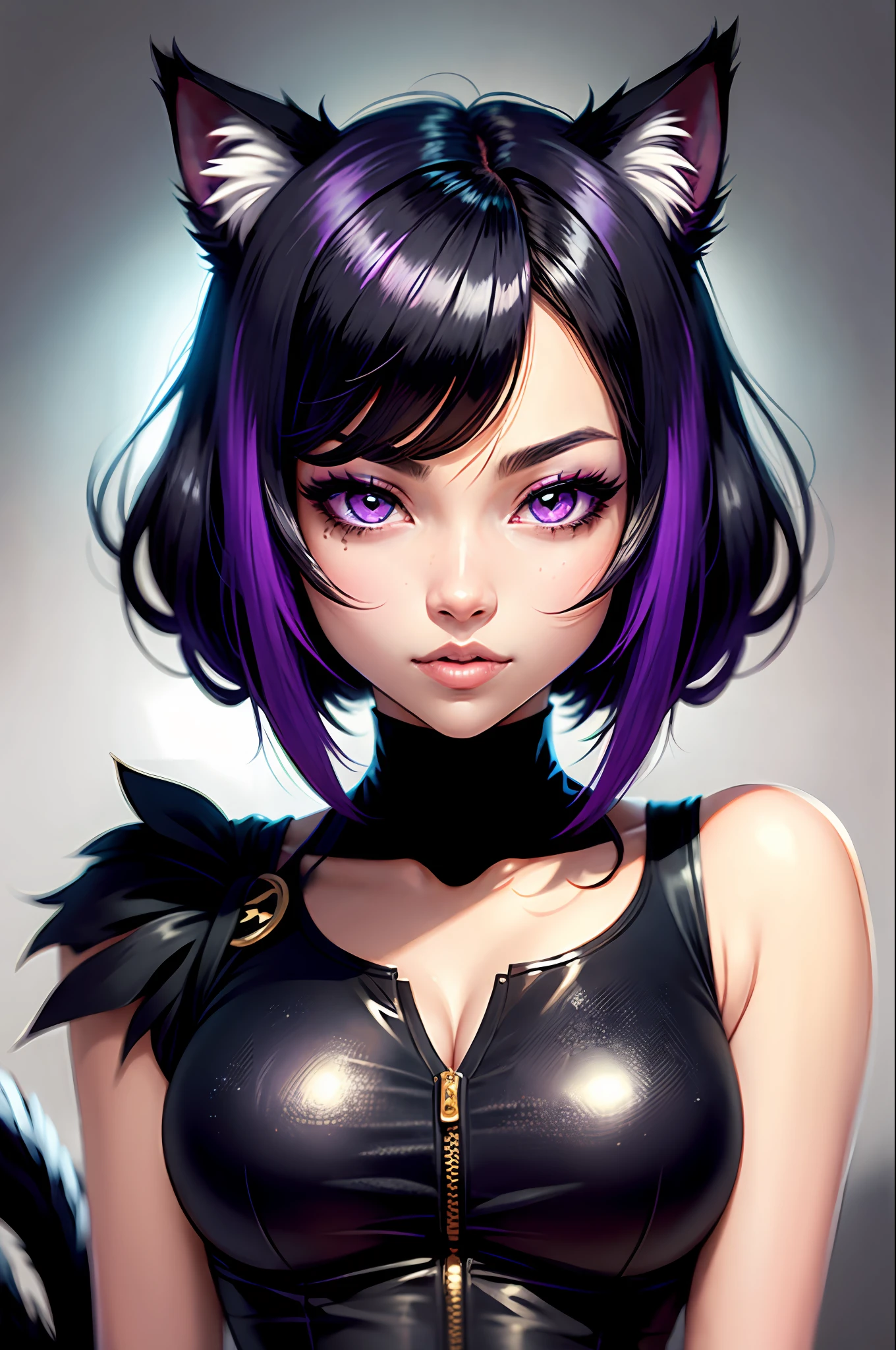 Anime Style Portrait of a sexy, African catgirl, with Jet-black Hair, purple eyes, dark-skinned, black cat ears, 1tail, perfect composition, hyper-detailed, 8K, high quality, perfect eyes, trending art, trending on artstation, sharp focus, studio photo, intricate details, by Tite Kubo