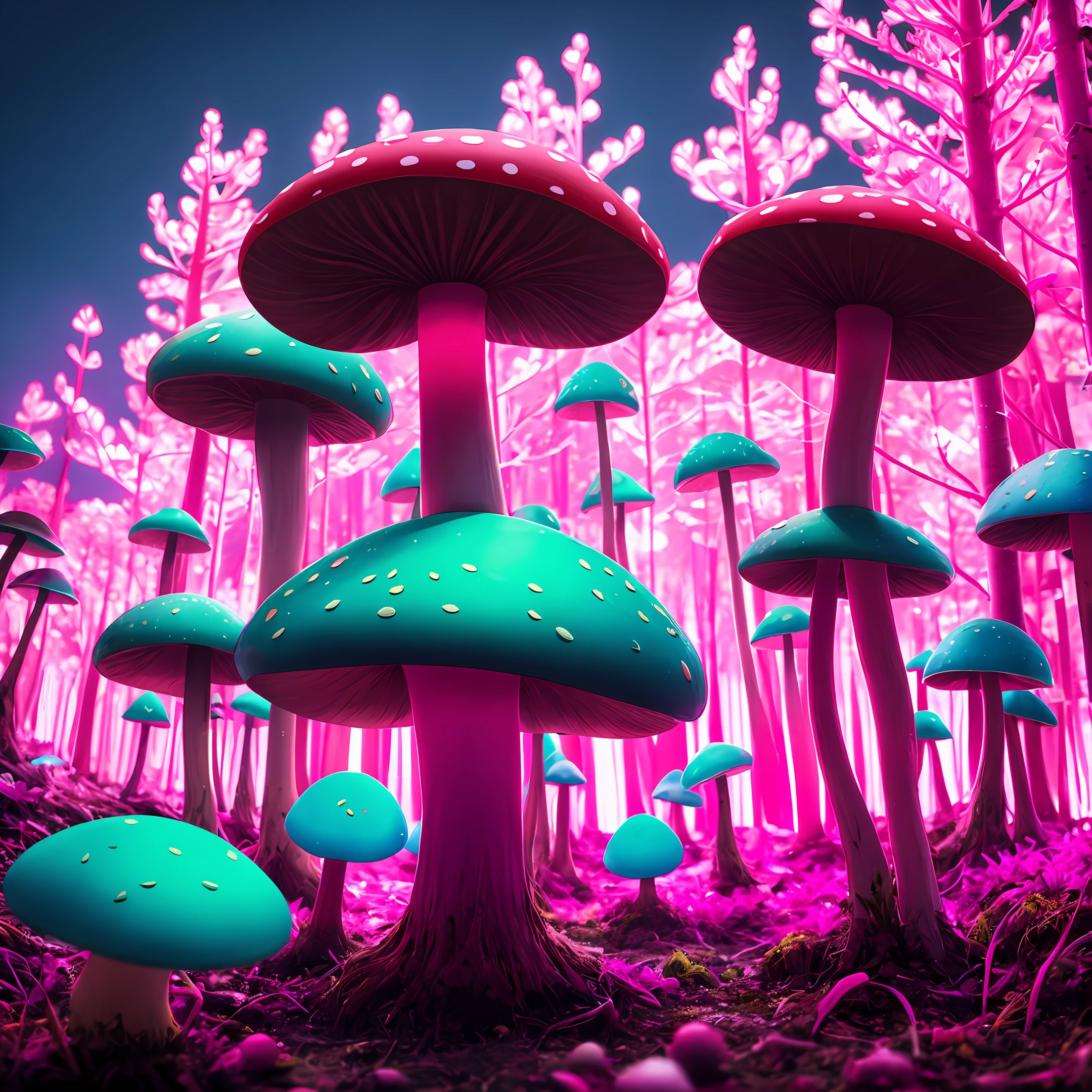 A dark mushroom in the middle of a pink neon forest