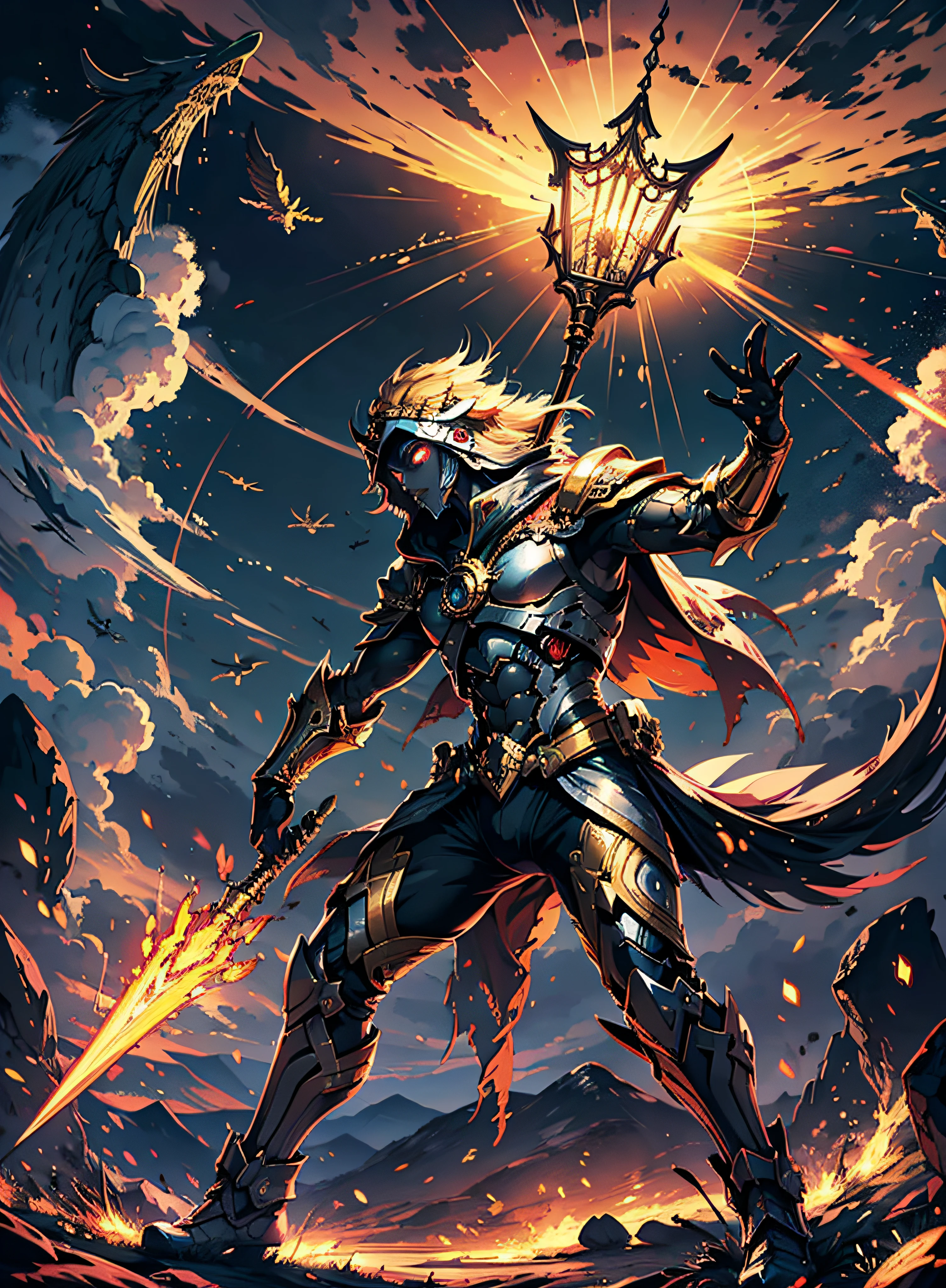1 demon, emperor of darkness, detailed eyes, detailed face, detailed skin, mature body, tall body, seductive body, whole body, desert BREAK and pyramid bottoms, holding only a holy sun scepter, phoenix dragon in the sky, highly saturating sun rays, holy ceremony, angelic halo, dazzling golden and orange spark around, sacred magic circle, golden crown, golden majestic lightning, best quality, masterpiece, trend in art station, BREAK, detailed, realistic, highly detailed digital art 8k, octane rendering, bioluminescent, concept art resolution BREAK 8K, realism, by studios Mappa, masterpiece, best quality, official art, illustration, ligne claire, (cool_color), perfect composition, absurdists, fantasy, focused, full body in attack pose, night sky with clouds, full moon, 8k,