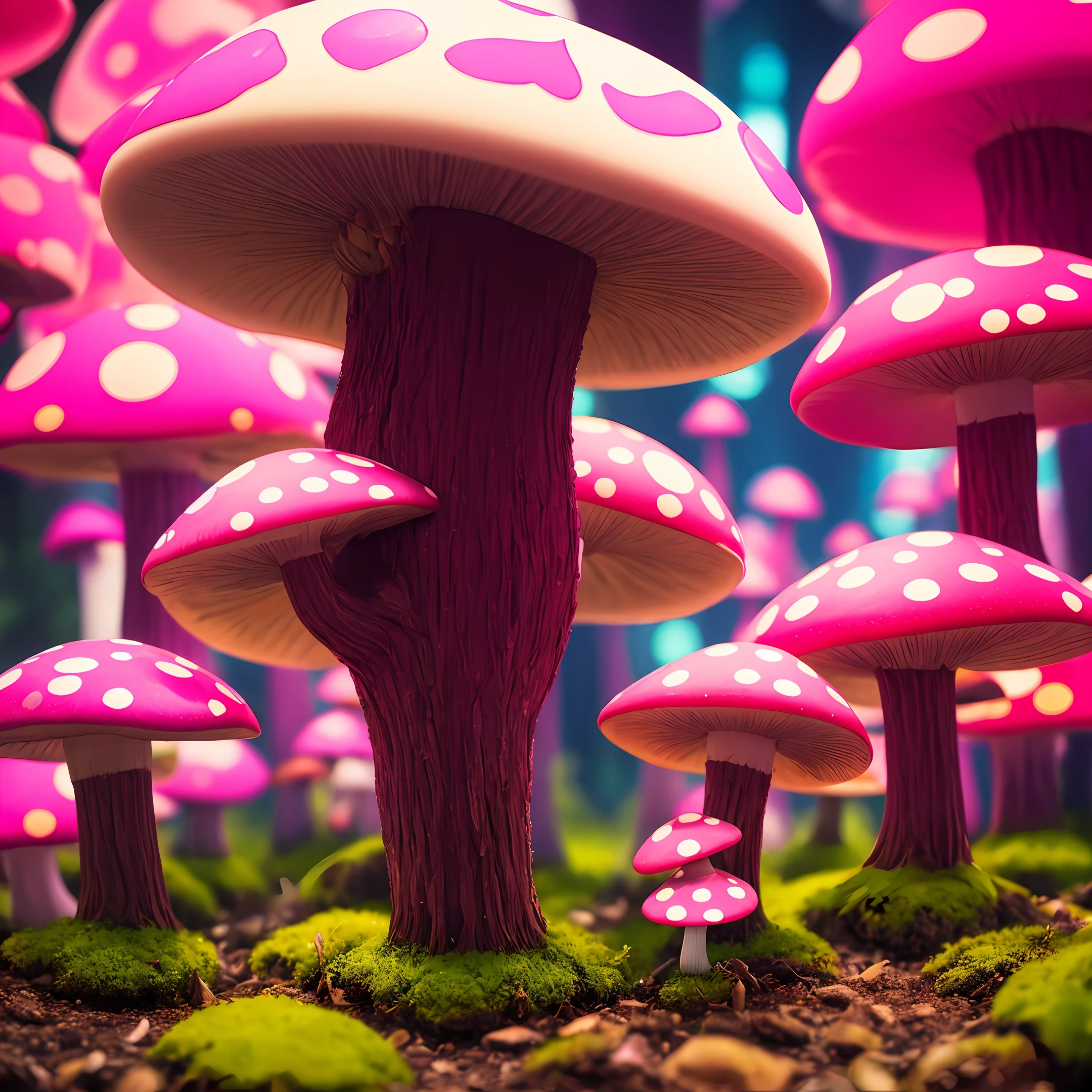 A dark mushroom in the middle of a pink neon forest