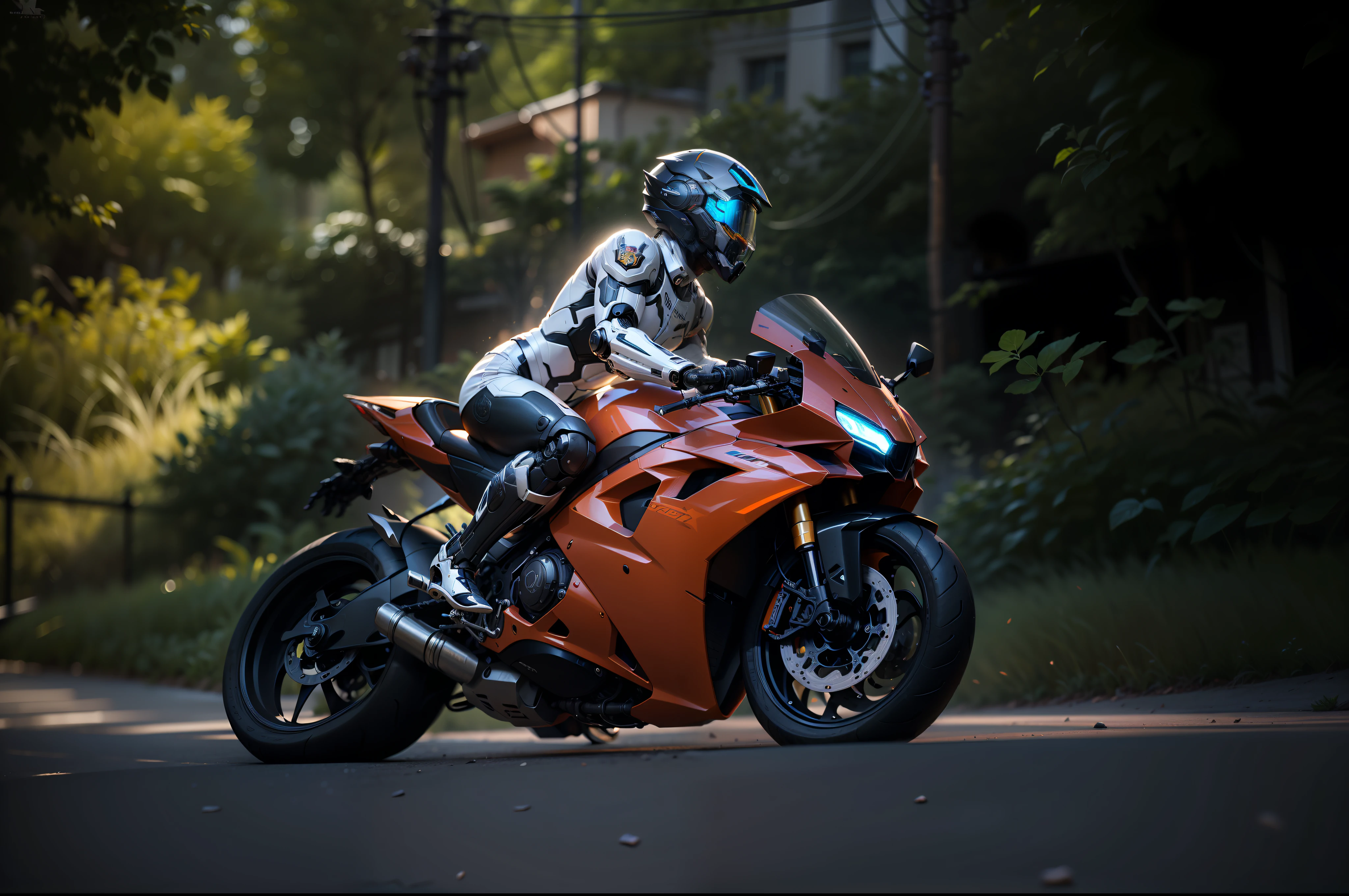 Handsome full body black mecha white short hair cyber handsome warrior, black cyber mechanical motorcycle, high-tech black full surround helmet, white short hair, Nousr, biomechanics, MSHN robot man, high-tech helmet, surreal, steel, complex design, crazy details, fine details, extremely clear lines, cinematic lighting, photo realism, detailed masterpiece