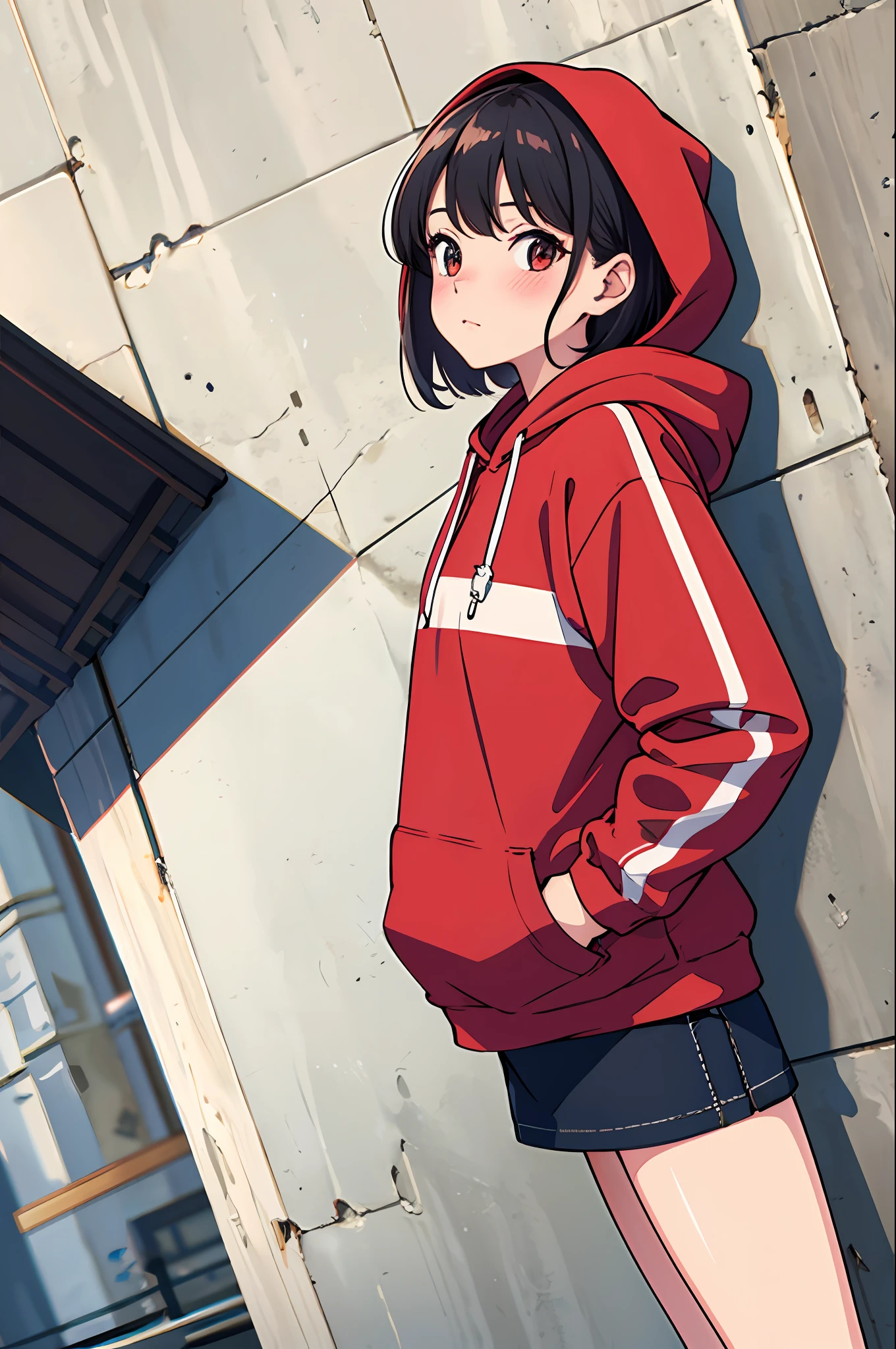 (beautiful and clear background),(street,wall,corner,),1girl, ,fashion,,wear a red hoodie,,hand in pocket ,,blush,pose,Short hair ,looking to the side,, dutch angle,