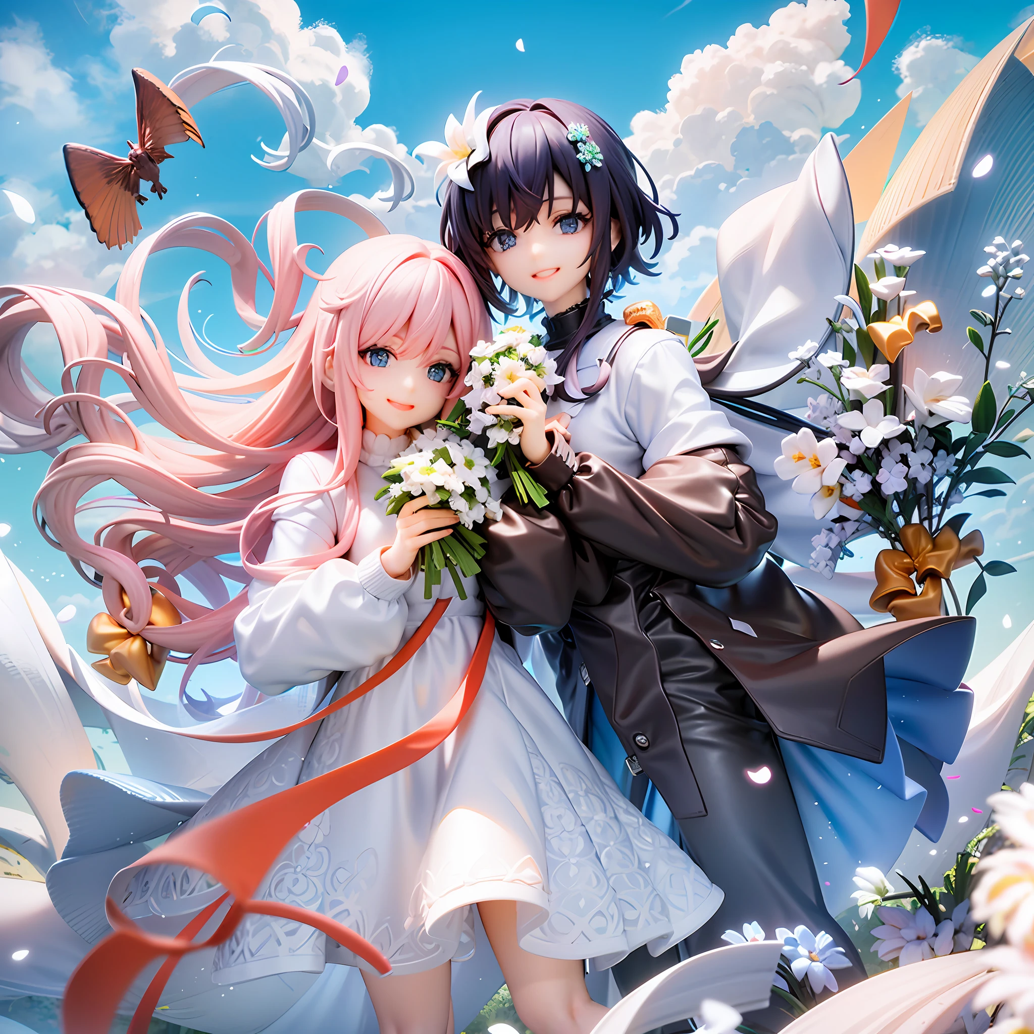 Two girls, beautiful light blue eyes, seductive smile, holding a bouquet of white flowers in front of chest, light pink hair, long hair, beautiful white dress, dark blue hair, white flower hair ornament, short cut, white and dark blue dress, white flower field, blue sky, white clouds, clear weather, pastel colors, happiness, love