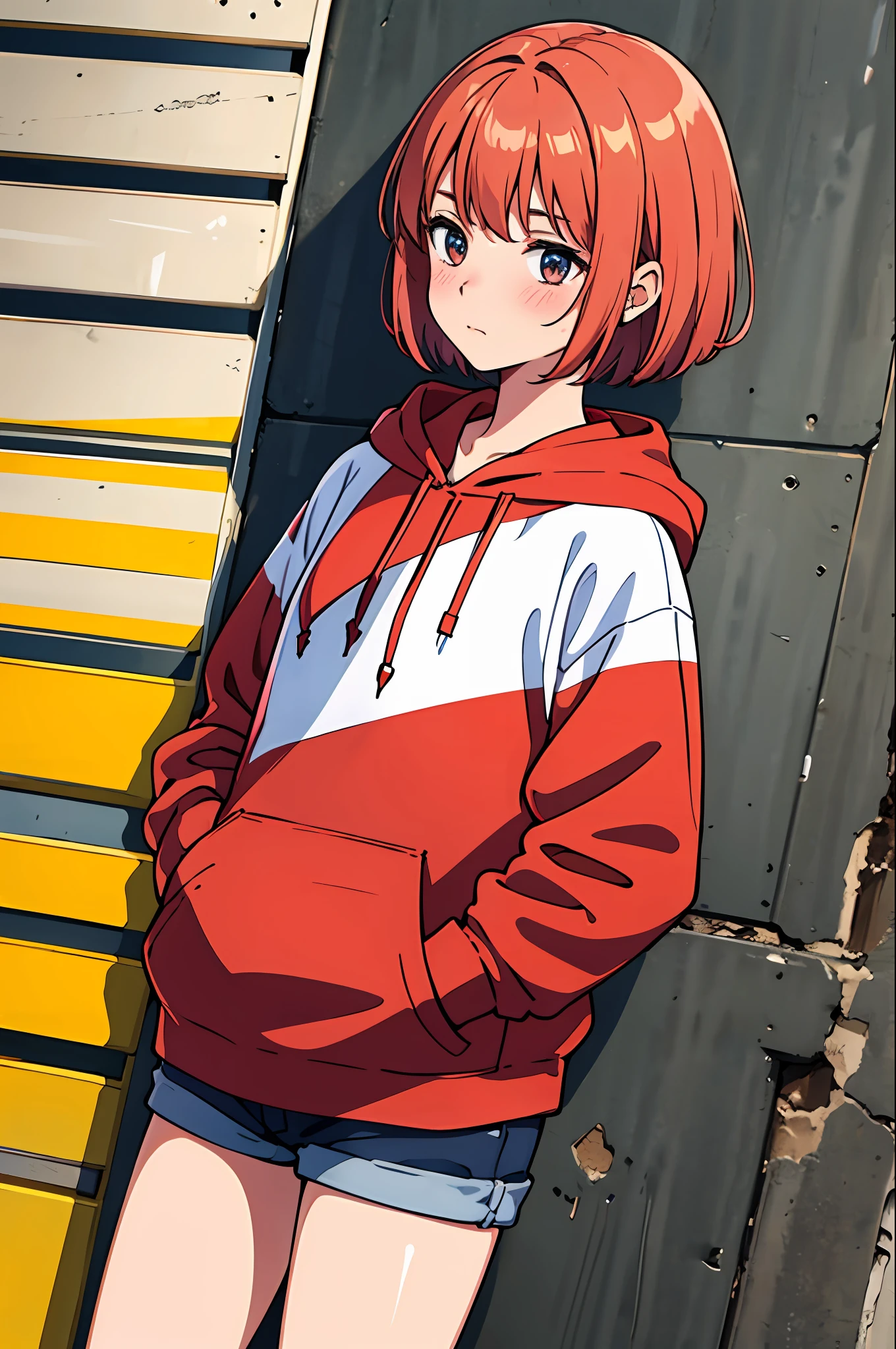 (beautiful and clear background),(street,wall,corner,),1girl, ,fashion,,wear a red hoodie,,hand in pocket ,,blush,pose,Short hair ,looking to the side,, dutch angle,