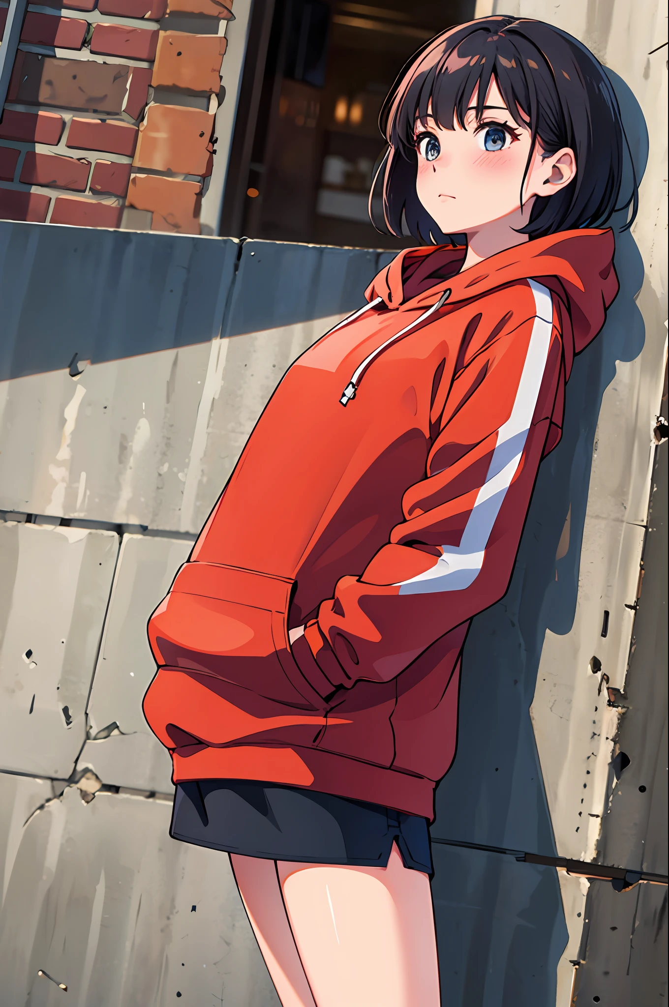 (beautiful and clear background),(street,wall,corner,),1girl, ,fashion,,wear a red hoodie,,hand in pocket ,,blush,pose,Short hair ,looking to the side,, dutch angle,
