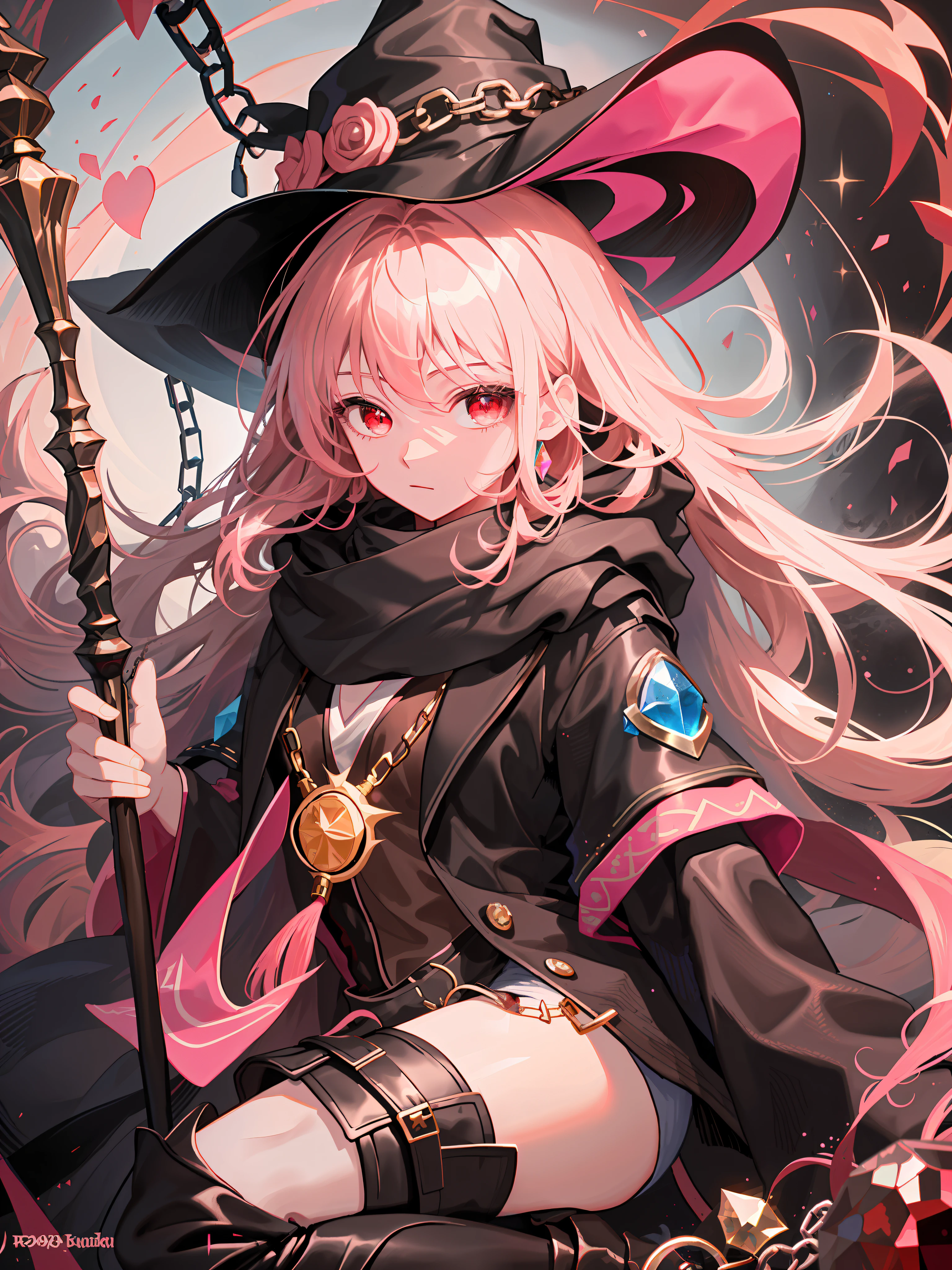 Best Quality, Masterpiece, High Resolution, 1Girl, Very Long Pink Hair, Brown Wizard Hat, Dark Red Eyes, Pink Scarf, Black Chains, Medium Breasts, Dark Chamber of Secrets, Long Brown Wizard Robe, Holding Gem-encrusted Ebony Staff, Black Over-the-Knee Boots