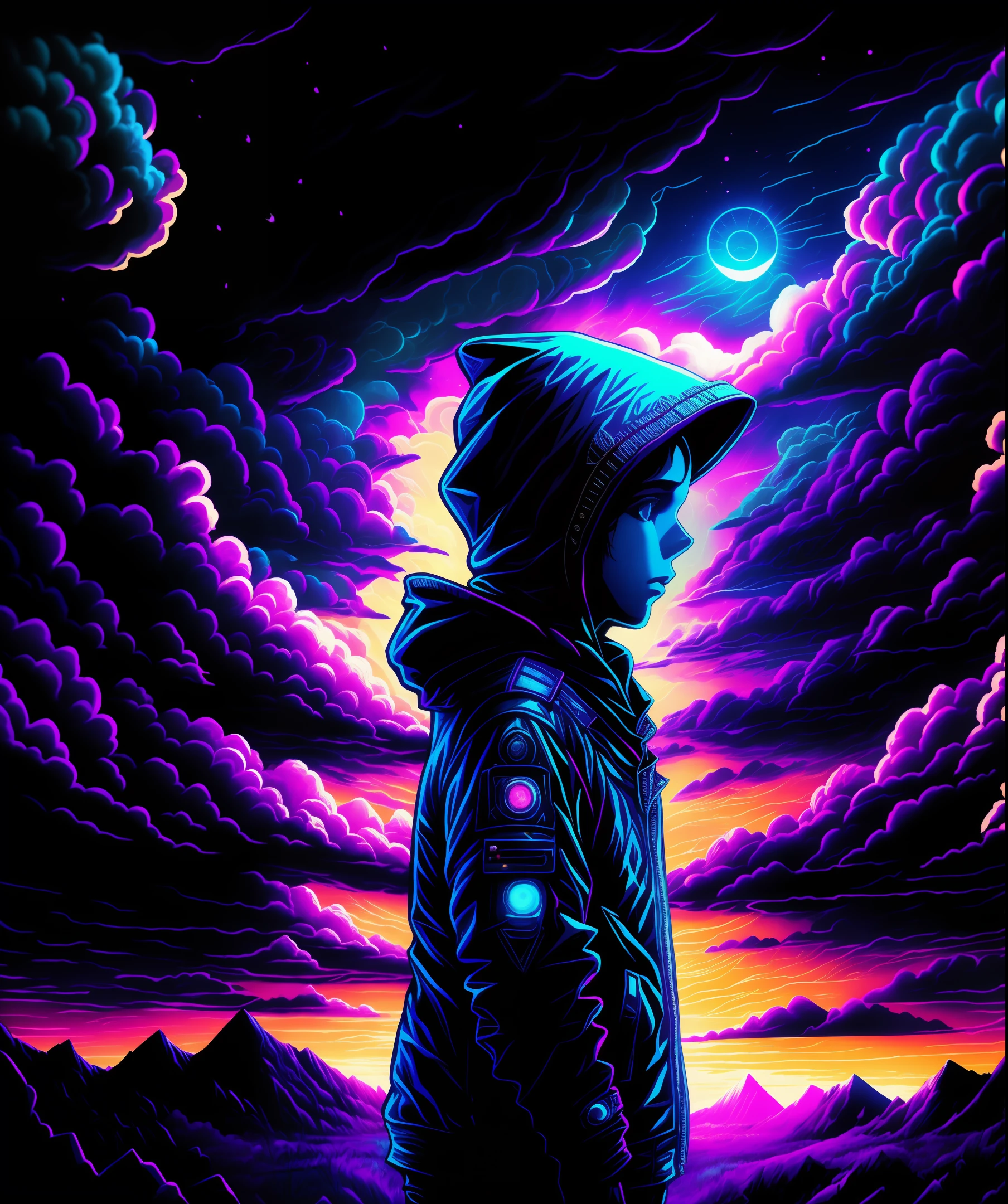 absurdities, highres, (official, beautiful and aesthetic art: 1.2), near vision, bright sky, vast world, hacker boy, black hooded coat, contemplation, inspiring expression, distant horizon, clouds, high hill, natural beauty, inspiration, light effects,