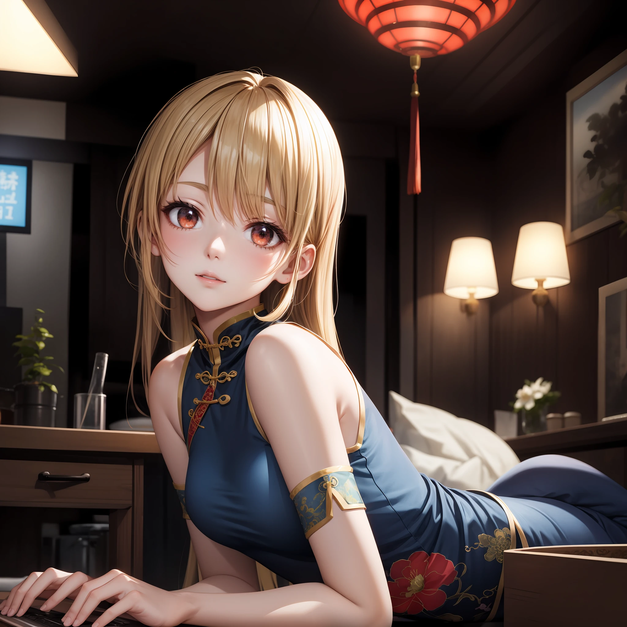 anime, girl, red eyed blonde girl, off-the-shoulder, blue cheongsam, china house, indoor