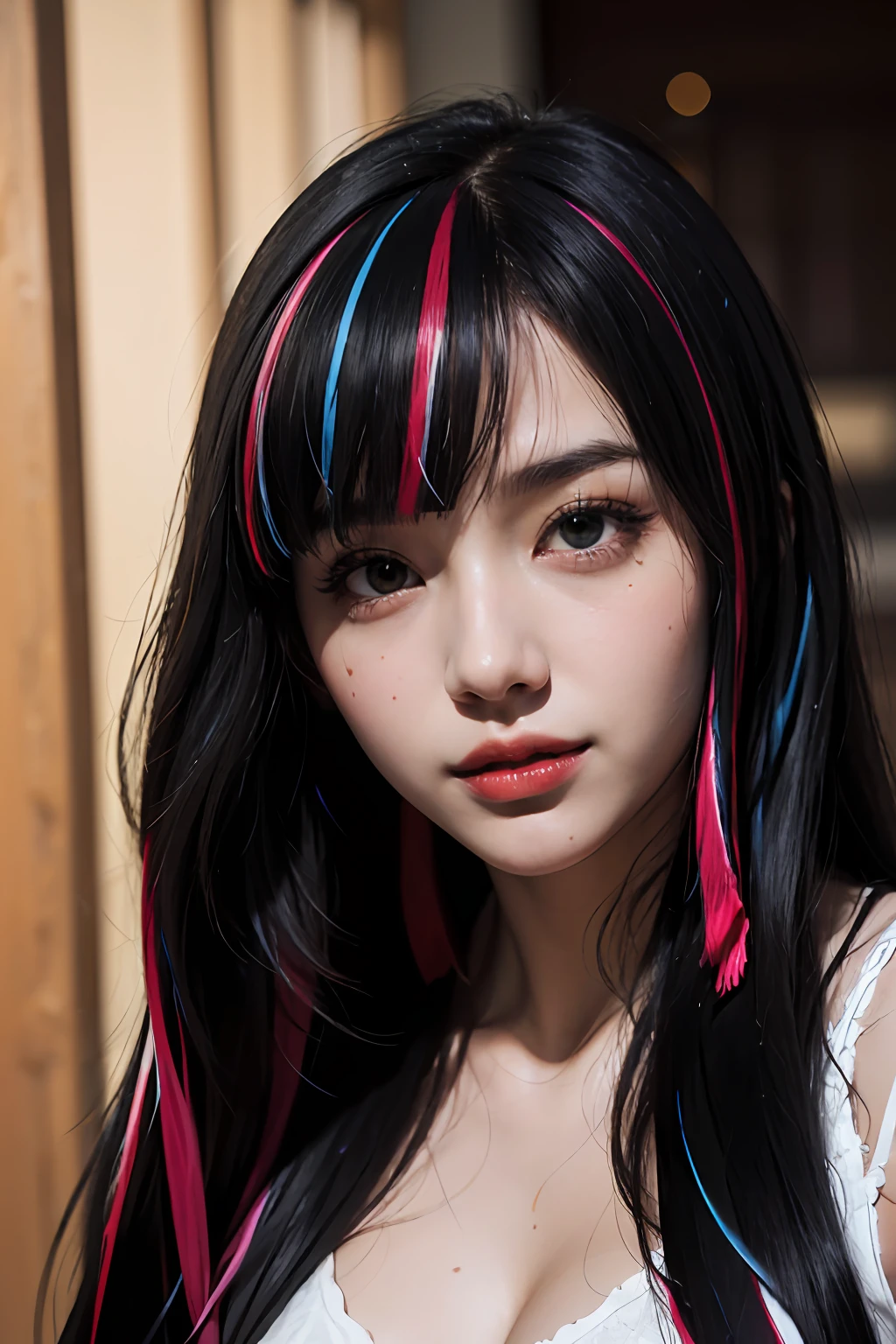 (8k, RAW, Photorealistic: 1.25), (((((hairs of streaked black))))), (Thin lip gloss, thin eyebrows, eyelashes, tear bags, snappy bangs, shiny face, shiny skin, best quality, ultra high resolution, depth of field, chromatic aberration, caustics, wide lighting, natural shading, Kpop idol) glasses, calm, Raking up one hair with hand, long hair, smile, little devil, in the house