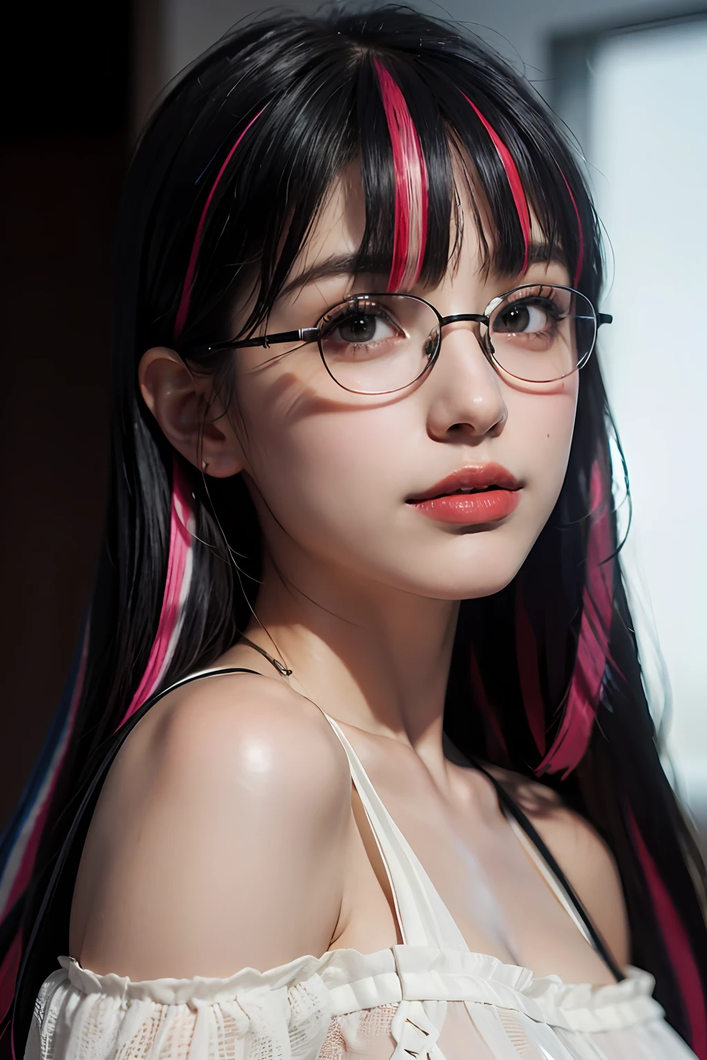 (8k, RAW, Photorealistic: 1.25), (((((hairs of streaked black))))), (Thin lip gloss, thin eyebrows, eyelashes, tear bags, snappy bangs, shiny face, shiny skin, best quality, ultra high resolution, depth of field, chromatic aberration, caustics, wide lighting, natural shading, Kpop idol) glasses, calm, Raking up one hair with hand, long hair, smile, little devil, in the house