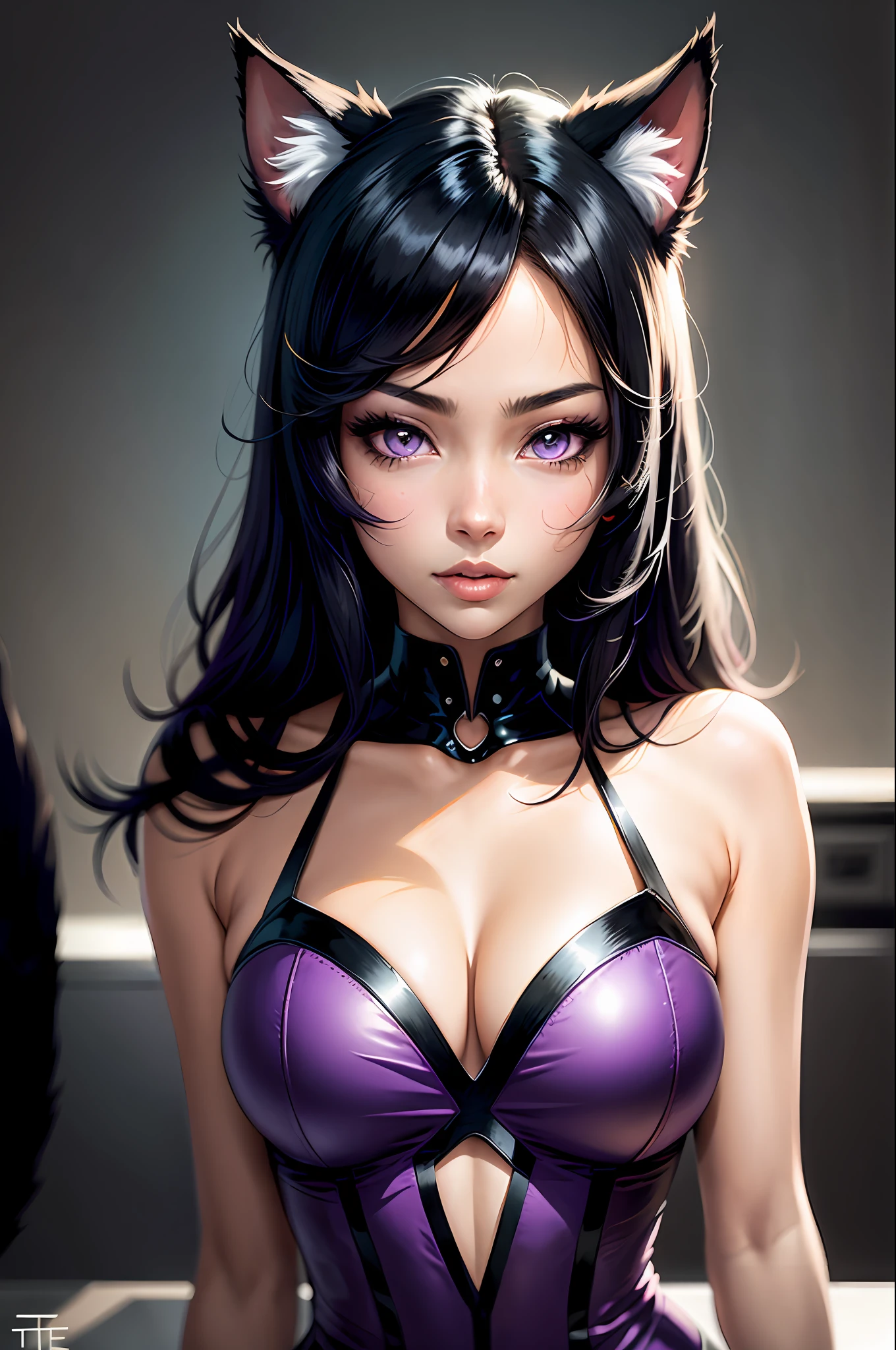 Anime Style Portrait of a sexy, African catgirl, with Jet-black Hair, purple eyes, dark-skinned, black cat ears, 1tail, perfect composition, hyper-detailed, 8K, high quality, perfect eyes, trending art, trending on artstation, sharp focus, studio photo, intricate details, by Tite Kubo