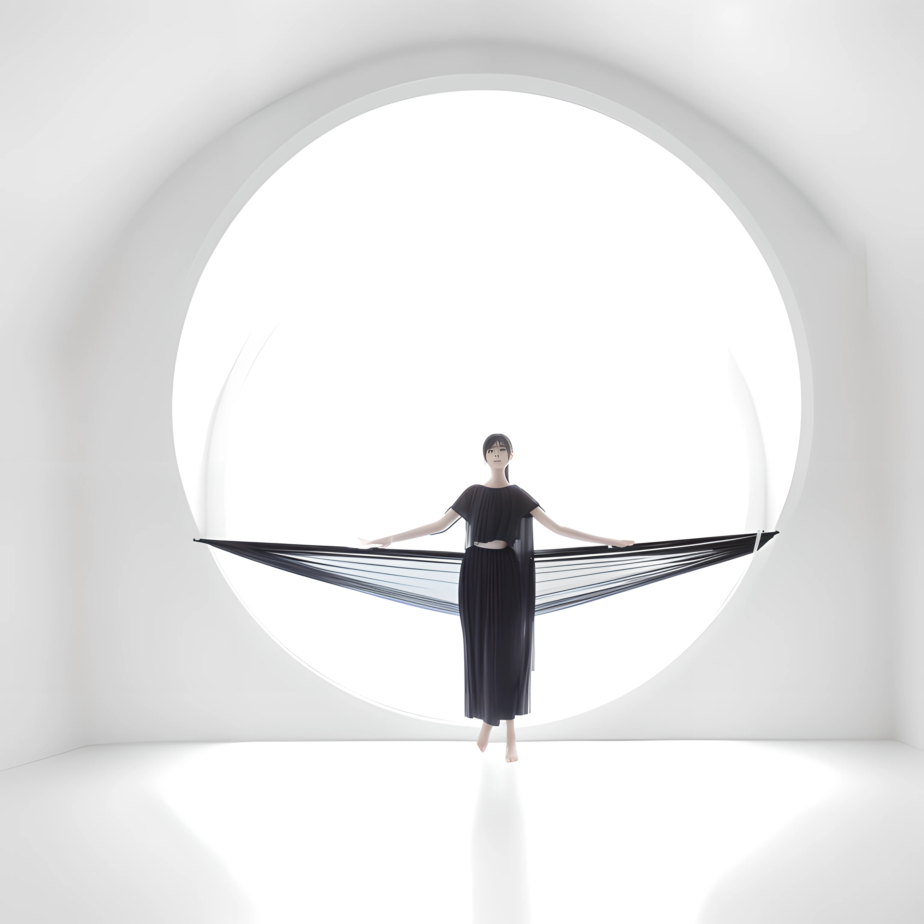 In photographic art, contemporary work of art by photography, woman in black dress standing in white room with circular white glowing window, still with screen and silk, editorial photo, advertising photo, ethereal sheer translucent fabric, in front of white background, Japan woman with black hair, young Japan woman, balancing with one leg raised, anatomically accurate proportions, slender woman, small breasts, Beautiful proportions, black hammock stretched as an arc passed to the window in the distance, makes parted strings like a stringed instrument, the strings are tense, her hands are touching the strings, with photorealistic photos, detailed rendering to the smallest detail, top quality, masterpiece