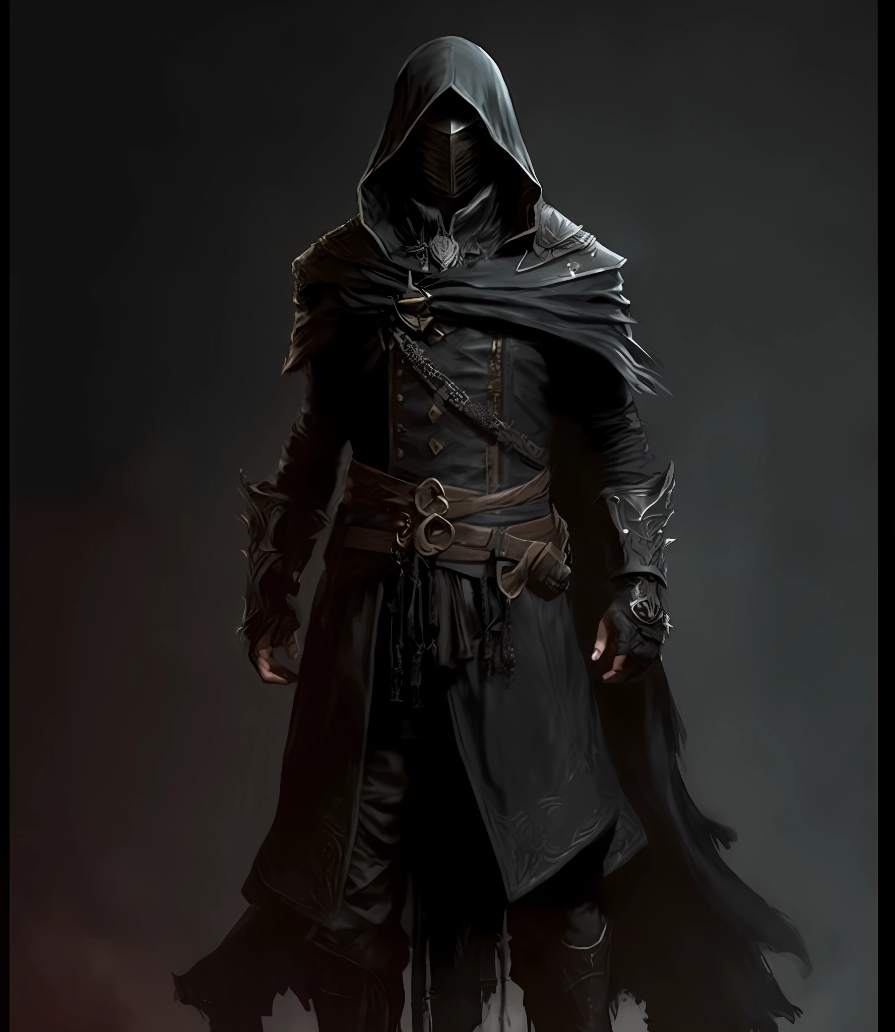 a man in a hoodedie and a hoodie standing in front of a dark background, corvo attano, dark fantasy character design, video game character art, dark hooded wraith, dark cloaked necromancer, flowing robes and leather armor, stunning character art, craig mullins dark key, wearing leather assassin armor, video game characters designs, cloaked