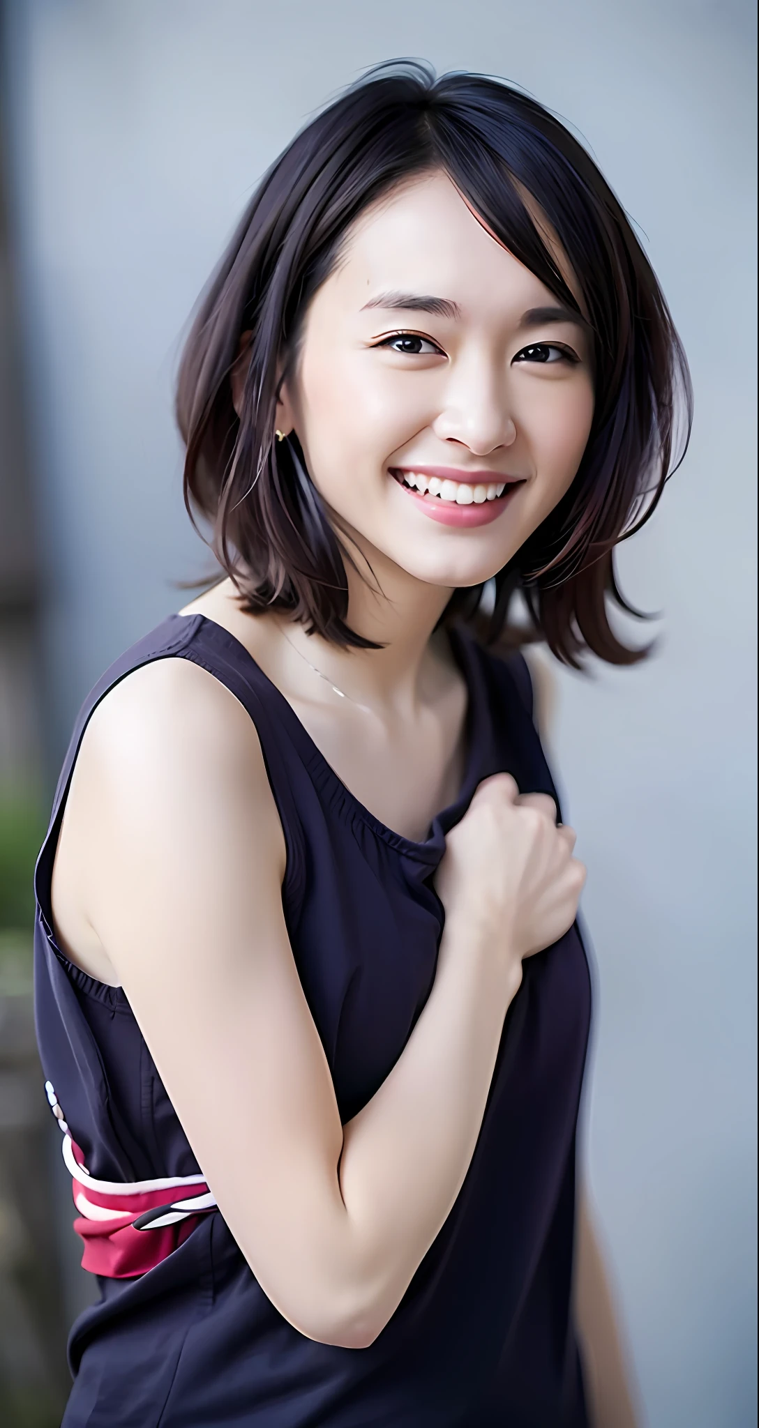 Top Quality, Masterpiece, Ultra High Resolution, (Photorealistic: 1.4), Raw Photo, 1 Girl, Japan Beauty, Beautiful Skin, Black Hair: 1.7, Gacky, (((Short Hair: 1.5)), 30 years old, Laughing happily: 1.2, Tank Top