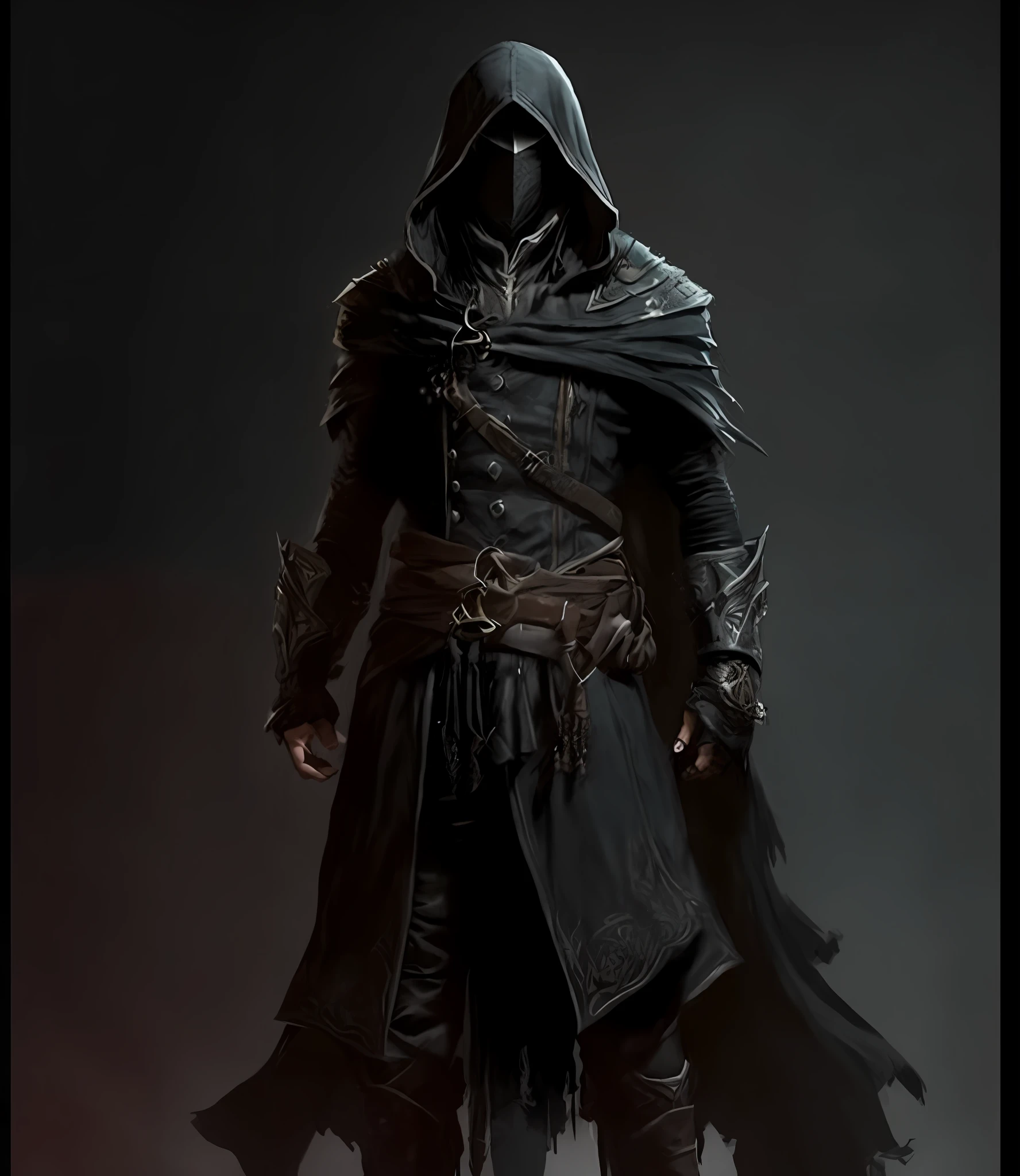 a man in a hoodedie and a hoodie standing in front of a dark background, corvo attano, dark fantasy character design, video game character art, dark hooded wraith, dark cloaked necromancer, flowing robes and leather armor, stunning character art, craig mullins dark key, wearing leather assassin armor, video game characters designs, cloaked