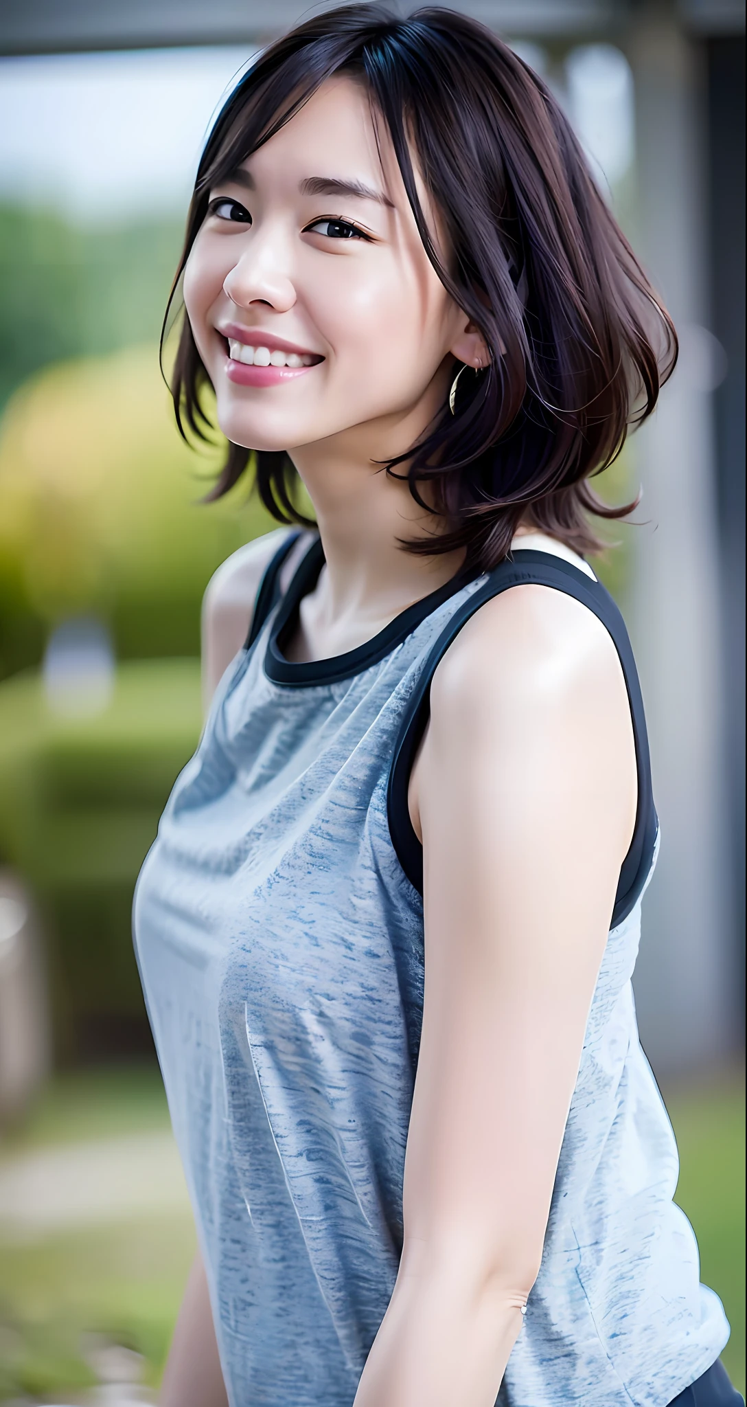 Top Quality, Masterpiece, Ultra High Resolution, (Photorealistic: 1.4), Raw Photo, 1 Girl, Japan Beauty, Beautiful Skin, Black Hair: 1.7, Gacky, (((Short Hair: 1.5)), 30 years old, Laughing happily: 1.2, Tank Top