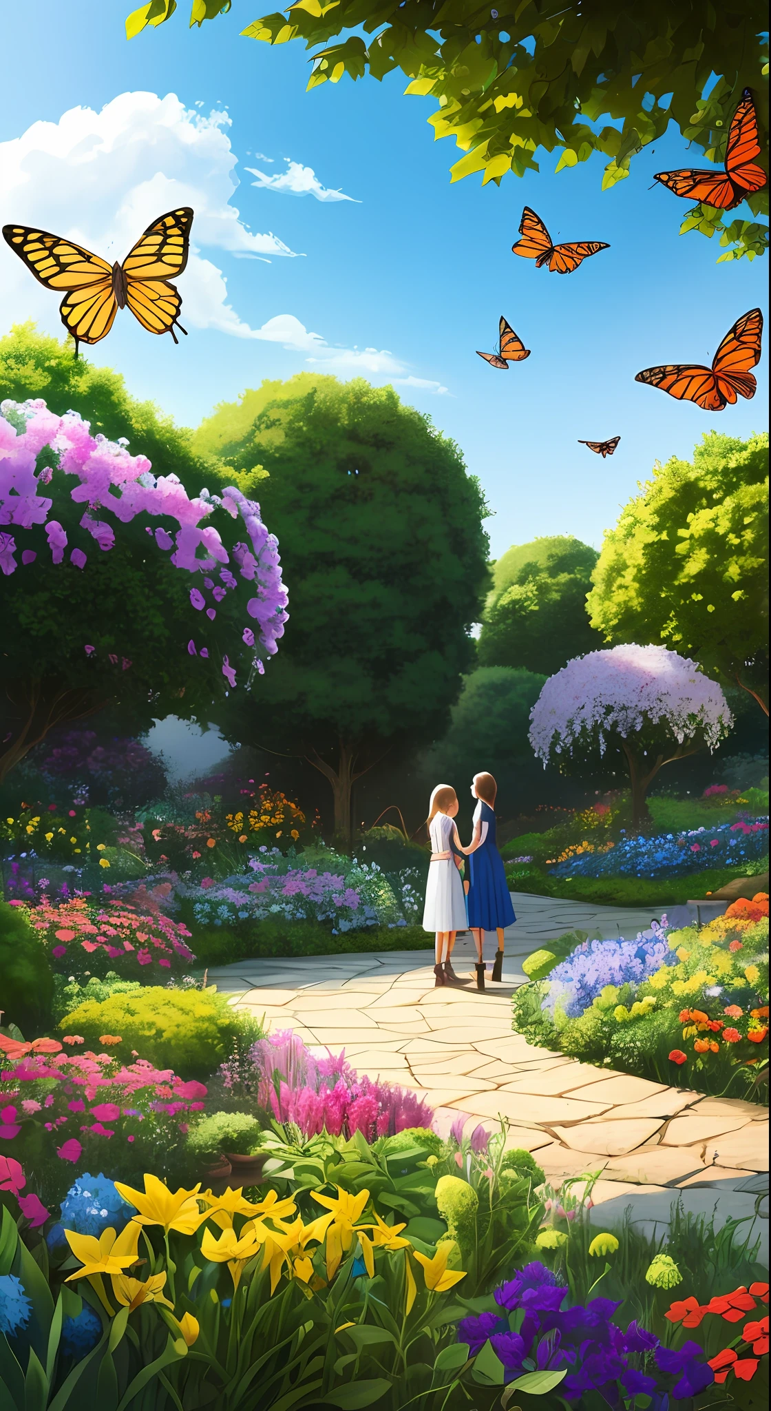 Estrelita guided the two sisters down a secret path, leading them to an even more stunning part of the garden. There, they discovered a lake of crystal clear waters, surrounded by luminous flowers that emitted a sweet and comforting aroma. Butterflies flew around, creating a spectacle of color and movement. Illustration of "happy" in a flower garden. Blue sky of clouds tending the garden with butterflies. Beautiful illustration, beautiful painting, beautiful UHD 4k art, beautiful art, a beautiful art illustration, guweiz style art, beautiful painting, atey ghailan 8k, artgerm and atey ghailan, (long blonde hair) taking care of butterflies, (butterflies). (best quality, masterpiece), happy, particle, wind, flower, full body, garden background, looking at butterflies. --auto