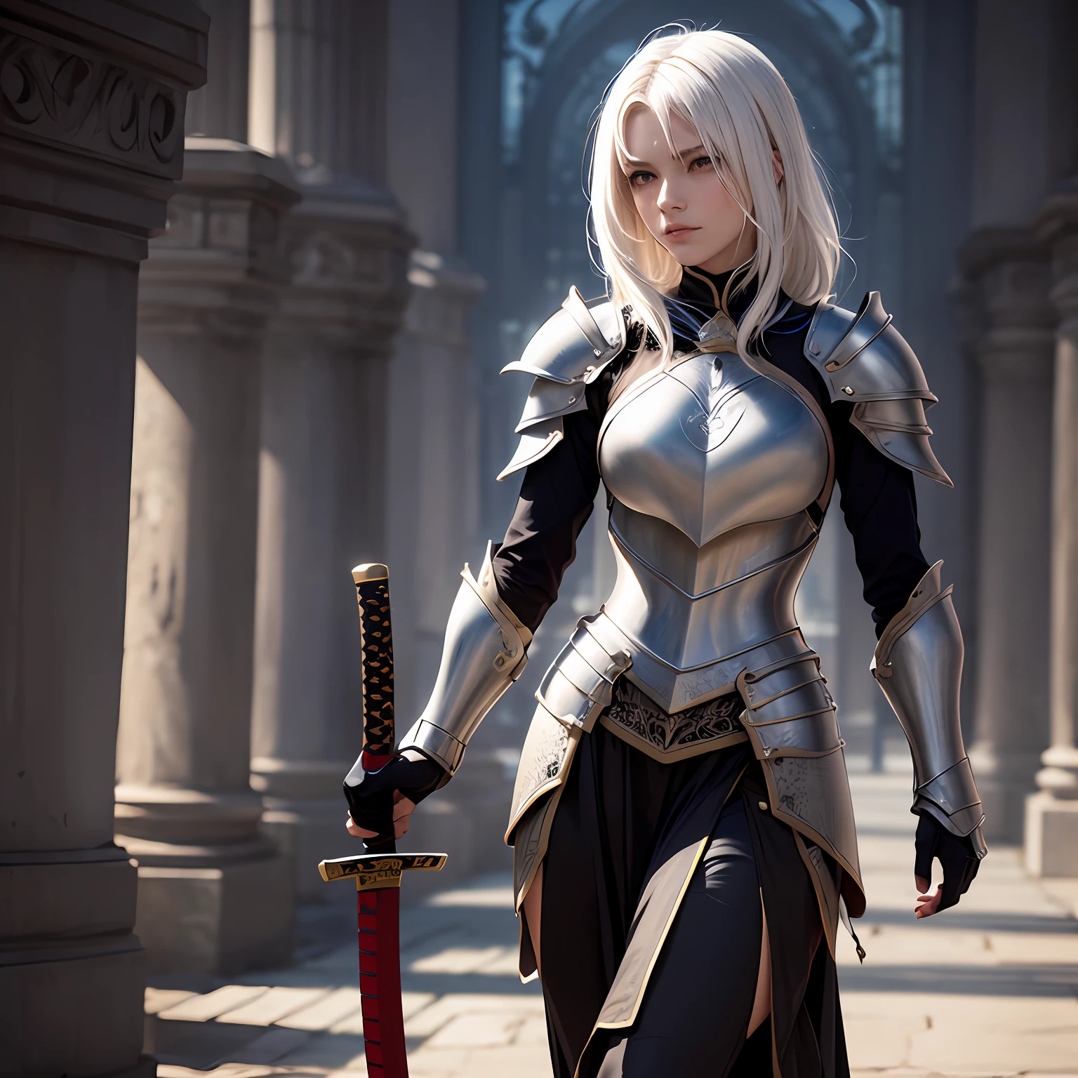White hair, wearing armor, fantasy armor, indifference, magical character, female model, female character, katana, fantasy female armor, perfect curve, beauty, mythical character, black skirt, indifference