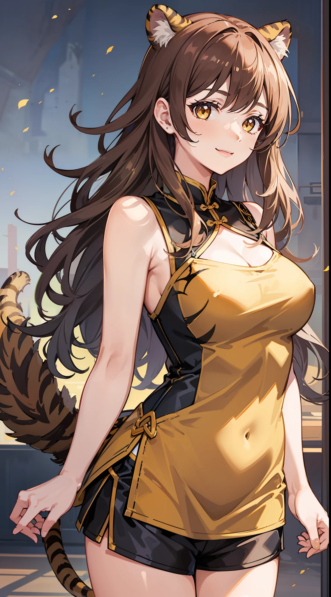 Young girl, cinnamon hair in two buns, yellow eyes, Chinese sleeveless dress, shorts, tiger tail, smile, open chest, masterpiece, high quality