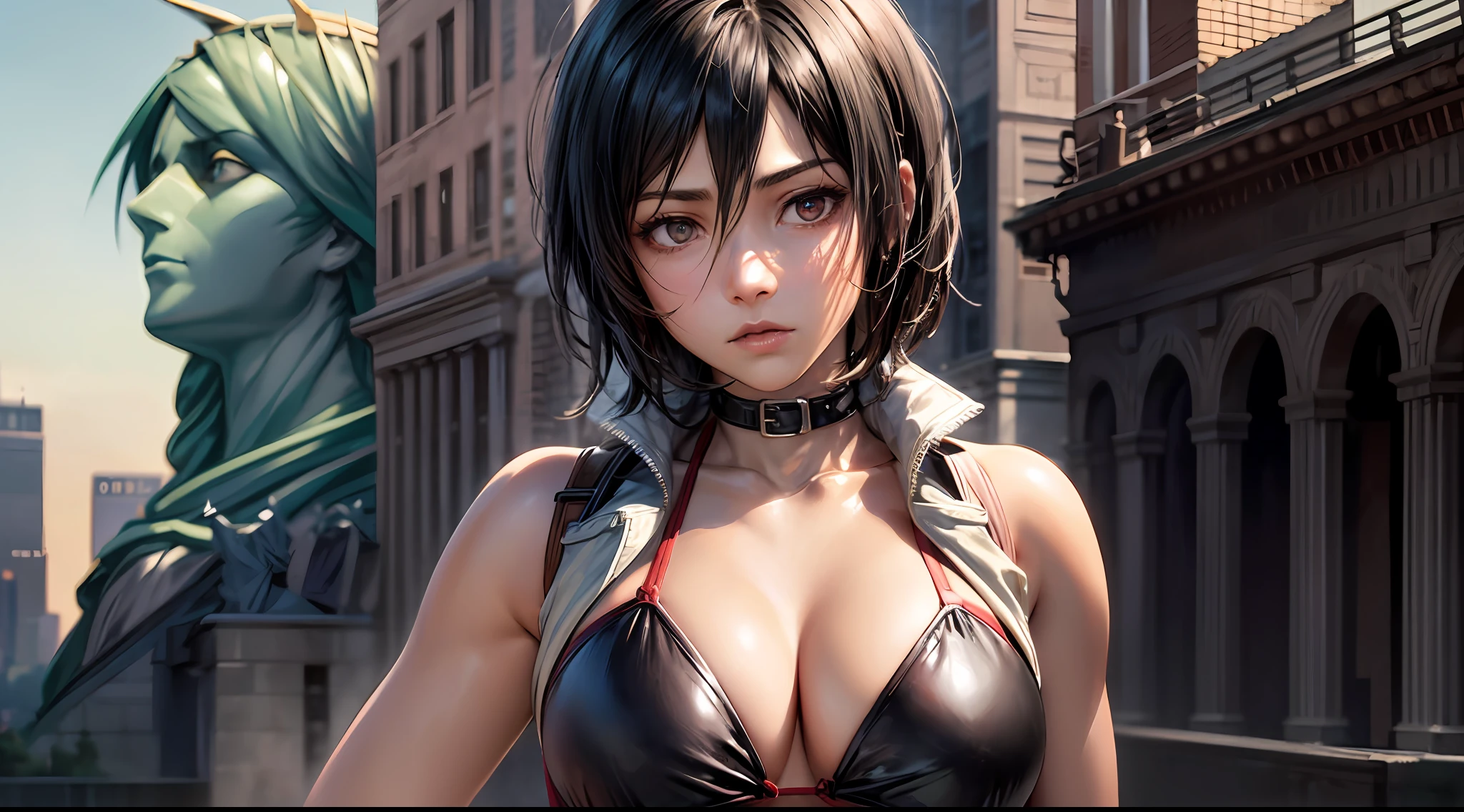 (Attack on Titan, Mikasa Ackerman), brown skin, red bikini, (short black hair), young, cute, beautiful girl, perfect style, big, emphasizing cleavage, expressionless, realistic, realistic, 8k, highly detailed, highest quality, best quality, super high definition, masterpiece, one girl, (background is the American Statue of Liberty),