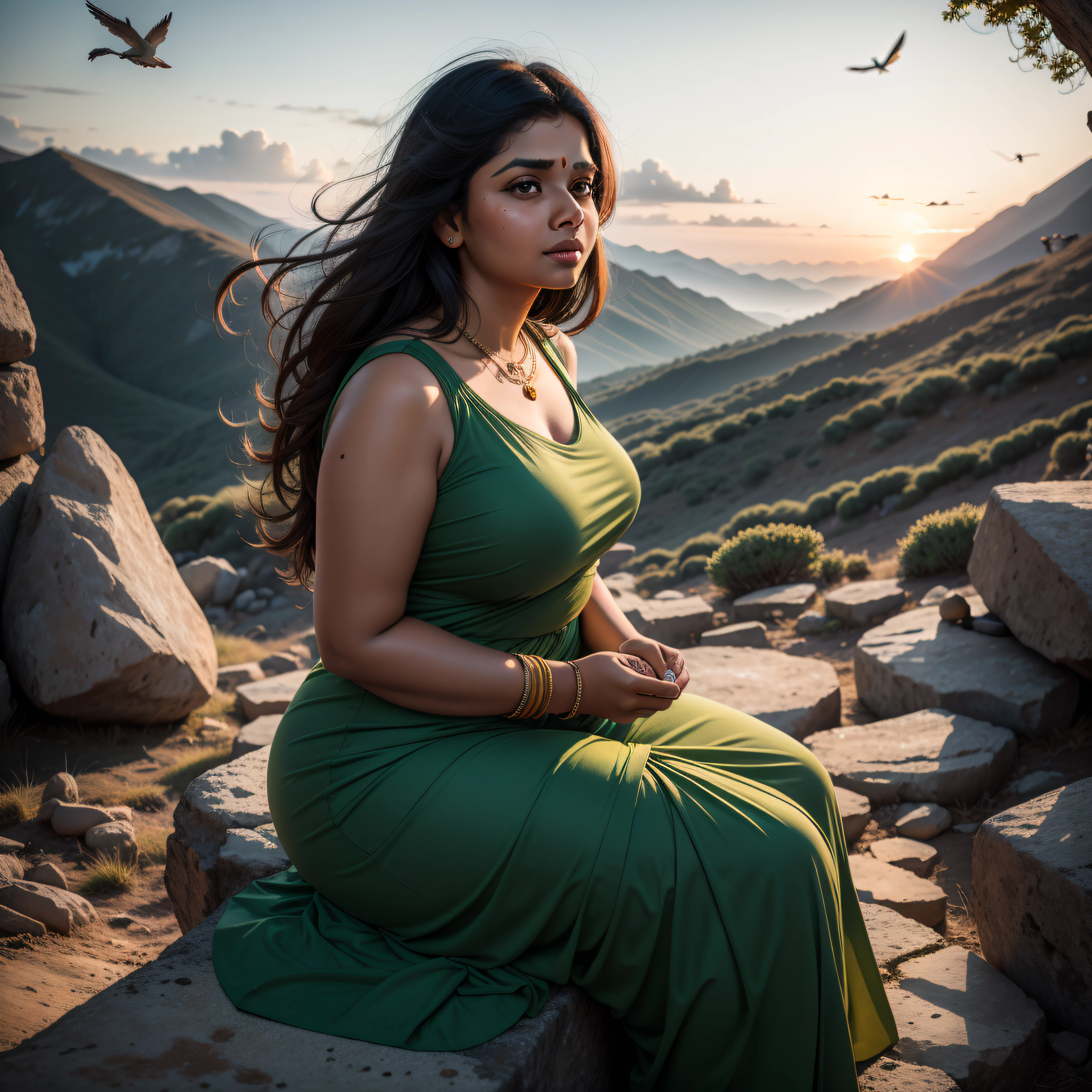 A beautiful fat Indian woman, wearing a green dress, sitting on a mountain, watching the sunset, birds in the sky